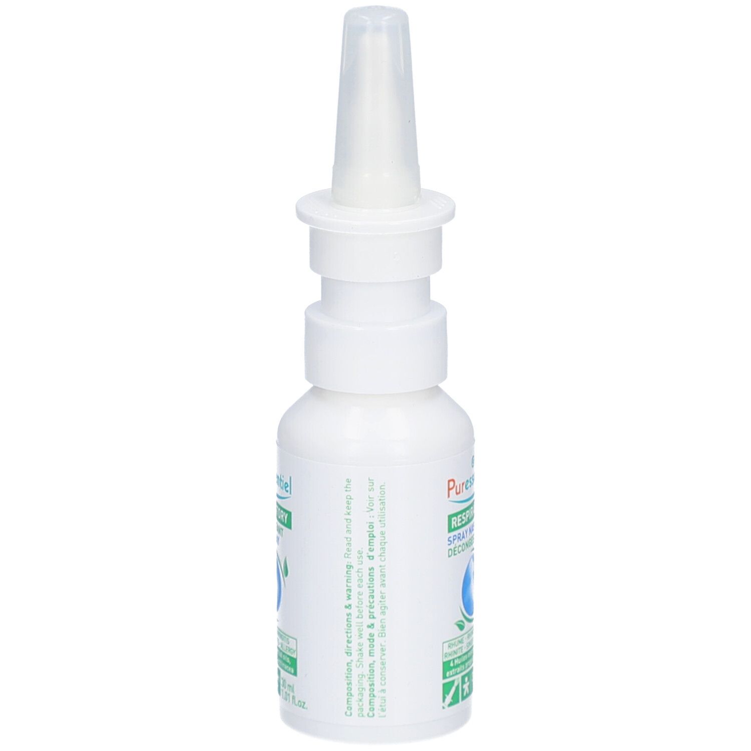 Flacon blanc avec embout spray. Inscriptions : Puresseentiel, Respiratoire, Spray Nasal Décongestionnant. Détails verts et bleus.