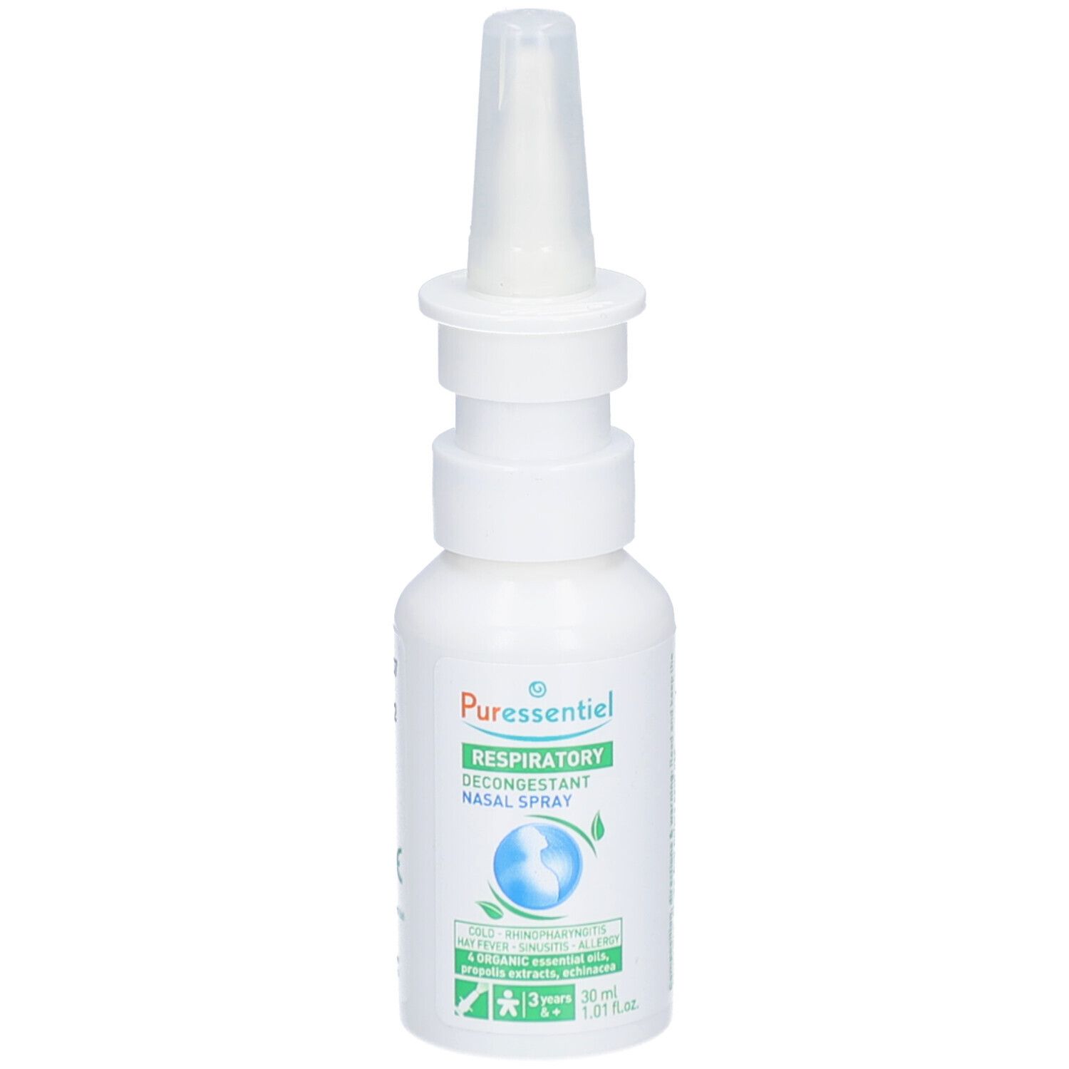 Flacon blanc avec embout spray. Inscriptions : Puresseentiel, Respiratoire, Spray Nasal Décongestionnant. Détails verts et bleus.