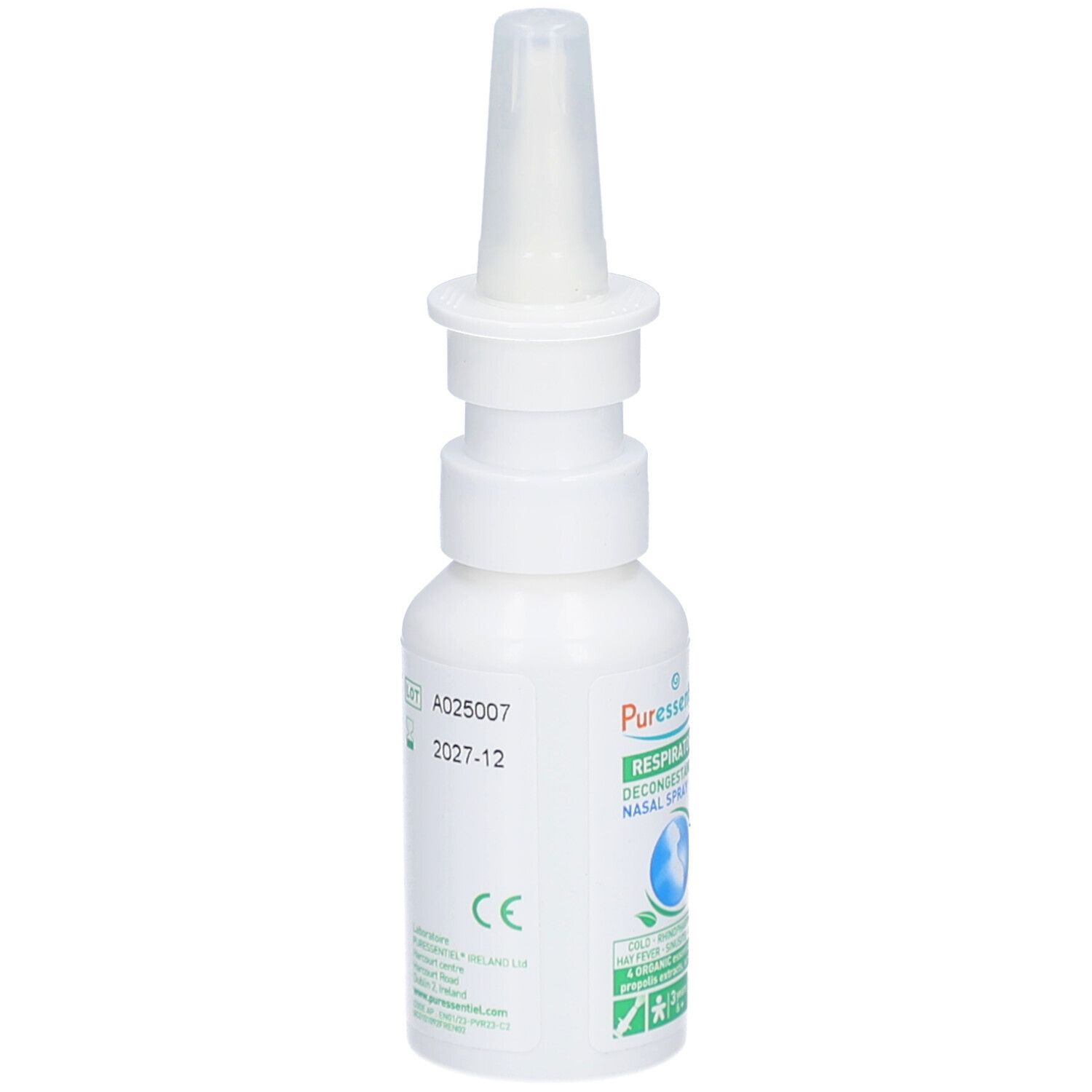 Flacon blanc avec embout spray. Inscriptions : Puresseentiel, Respiratoire, Spray Nasal Décongestionnant. A025007, 2027-12. Marque CE.