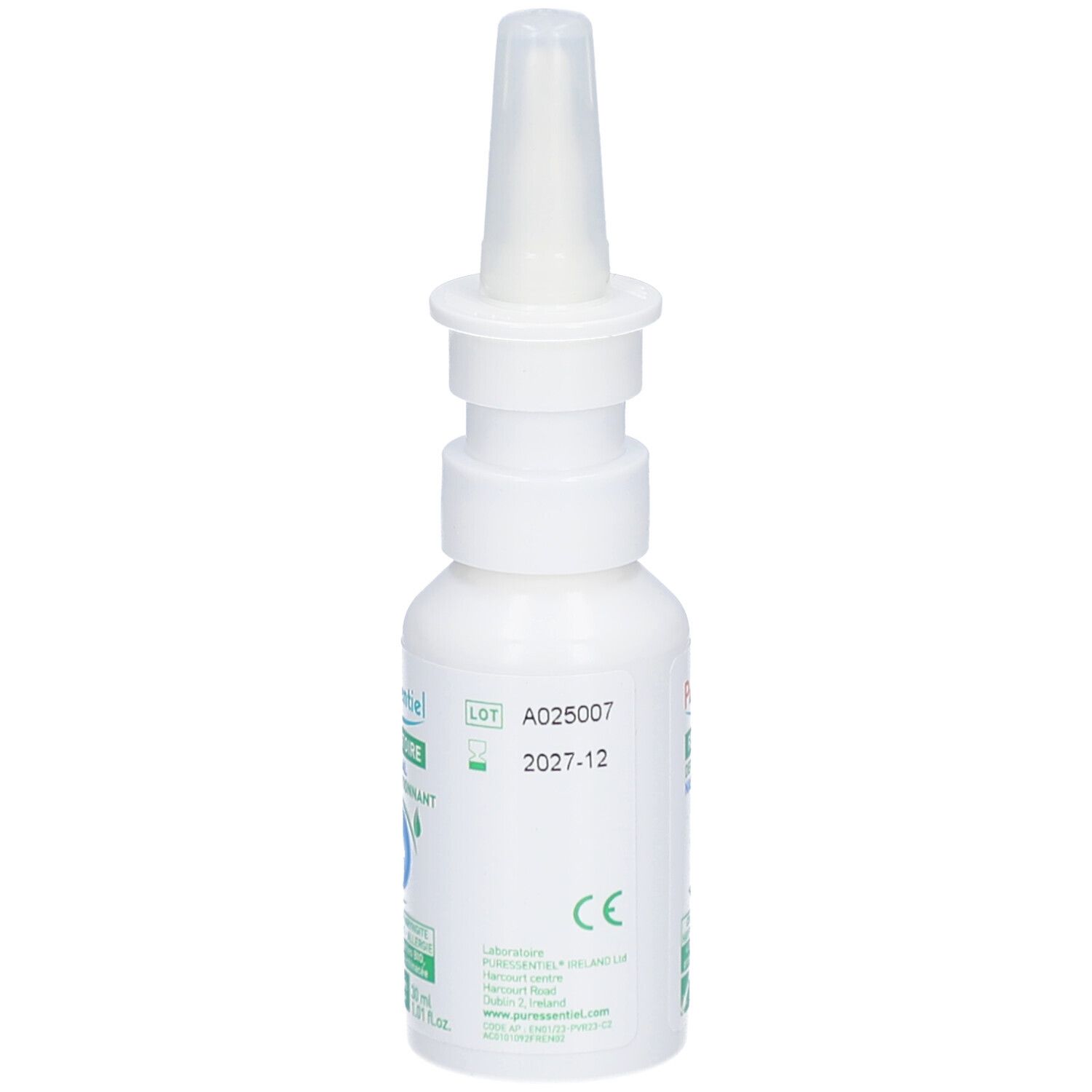 Flacon blanc avec embout spray. Inscriptions : Puresseentiel, Respiratoire, Spray Nasal Décongestionnant. A025007, 2027-12. Marque CE.