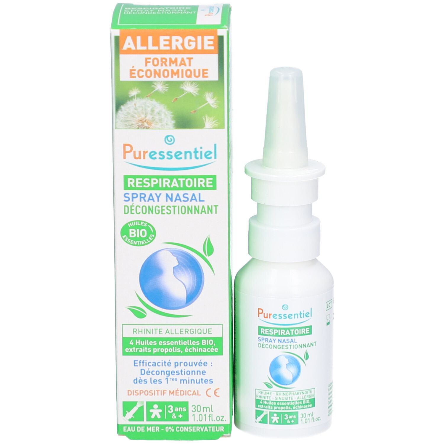 Produit avec emballage. Flacon blanc avec embout spray. Inscriptions : Puresseentiel, Respiratoire, Spray Nasal Décongestionnant. Boîte : Allergie.
