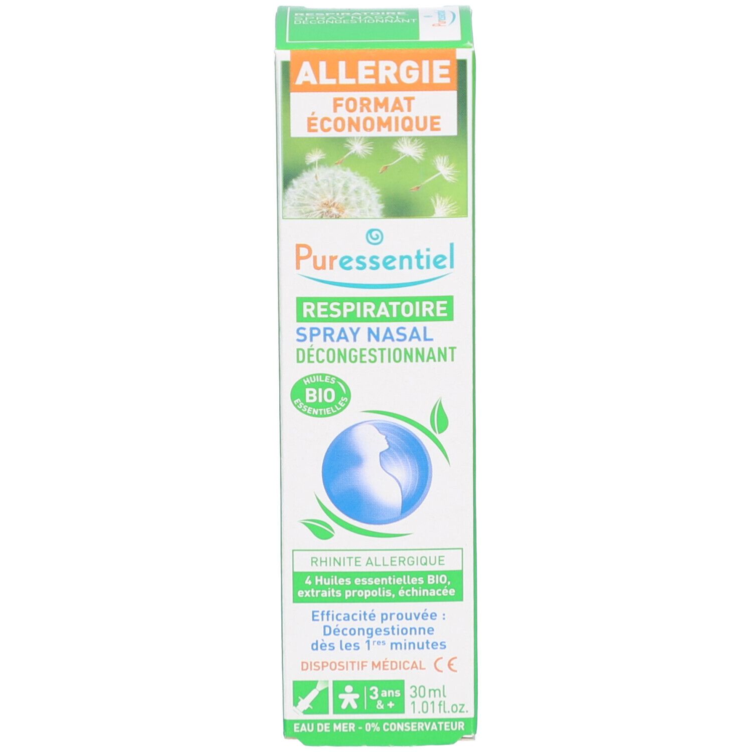 Produit avec emballage. Flacon blanc avec embout spray. Inscriptions : Puresseentiel, Respiratoire, Spray Nasal Décongestionnant. Boîte : Allergie.