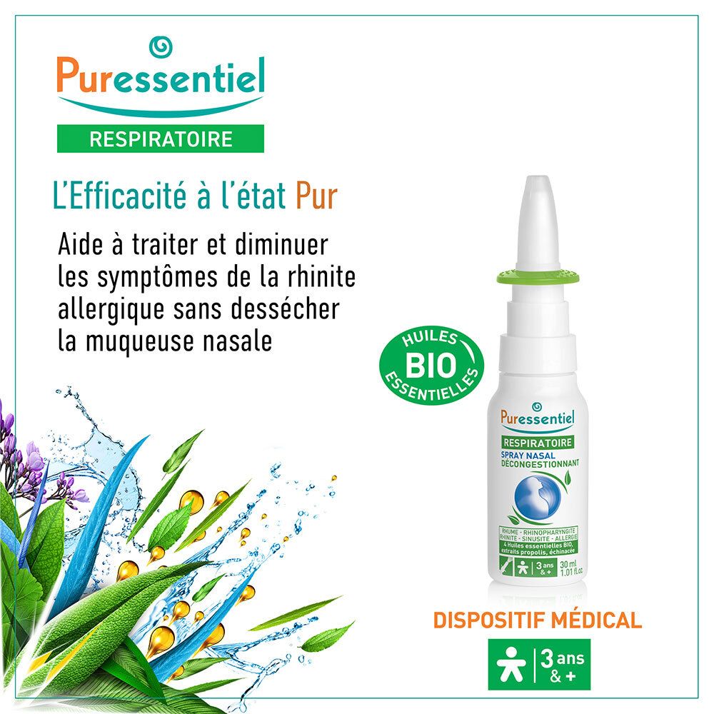 Flacon spray nasal Puressentiel avec embout, avec éclaboussures d'eau et feuilles vertes.