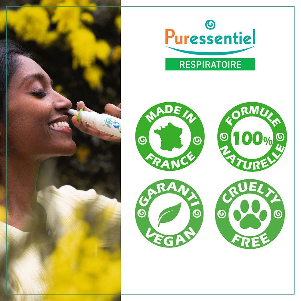 Femme utilisant le spray nasal Puressentiel. Certificats: Fabriqué en France, 100% naturel, vegan, cruelty-free.