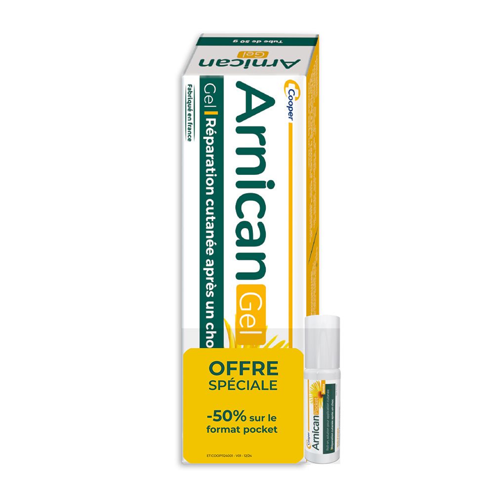 Emballage et format Pocket d'Arnica Gel. Gel pour la réparation cutanée après un choc. Offre spéciale : -50% sur le format Pocket.
