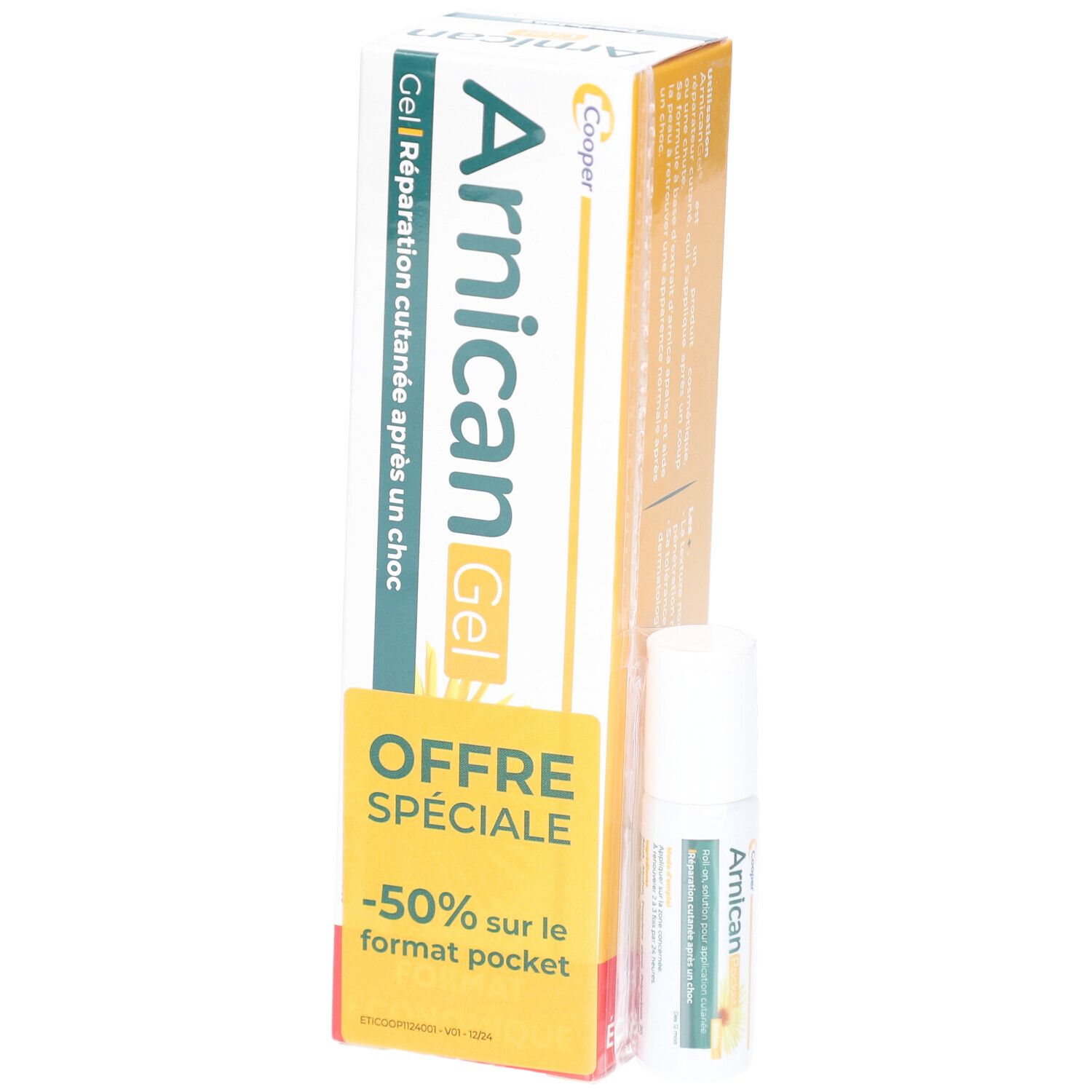 Boîte et flacon. La boîte indique "Arnican Gel". Le flacon indique "Arnican".