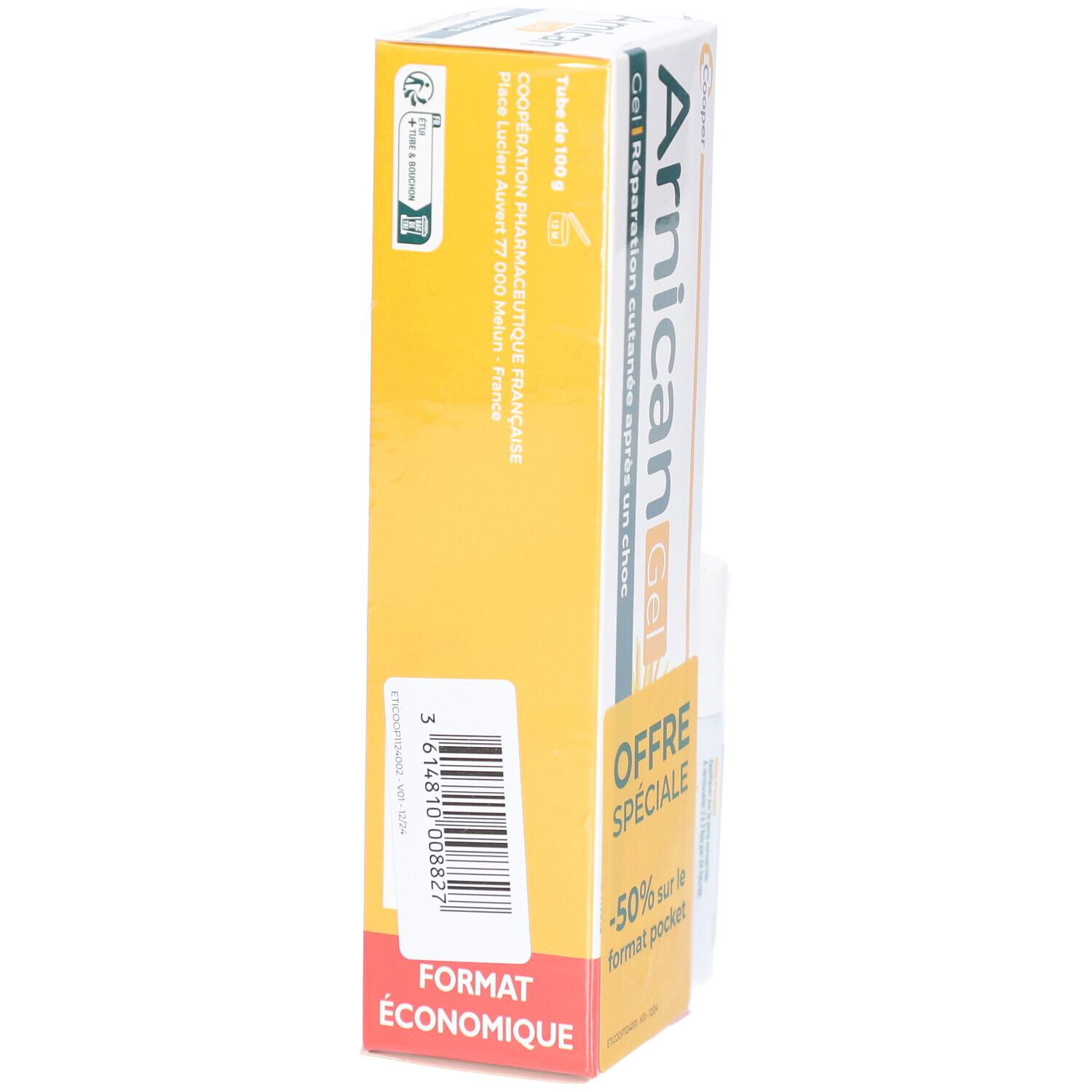 Boîte de gel, jaune et blanche. La boîte indique "Arnican Gel". Le côté indique "FORMAT ÉCONOMIQUE".