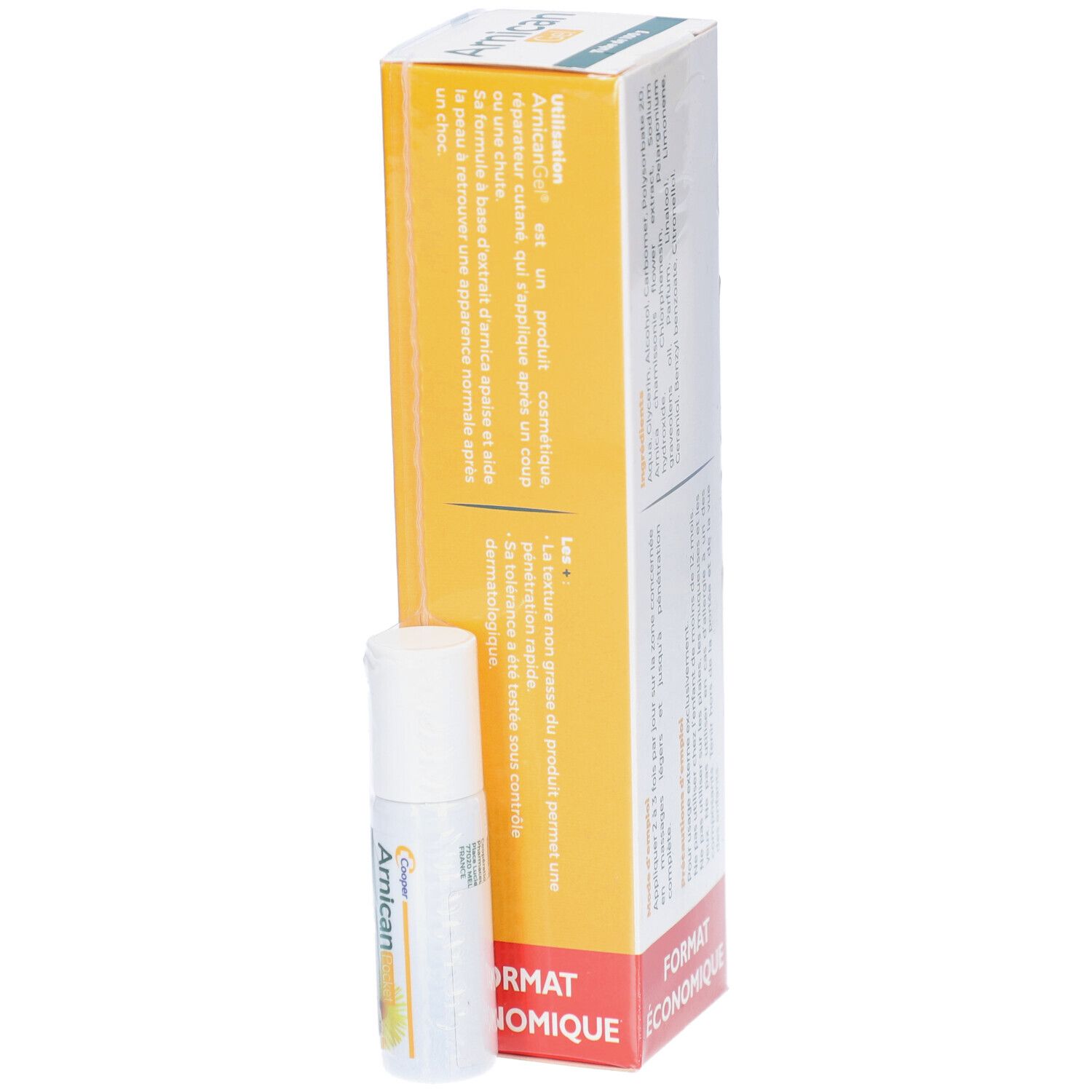 Boîte de gel, jaune et blanche. La boîte indique les instructions d'utilisation. Le côté indique "FORMAT ÉCONOMIQUE".