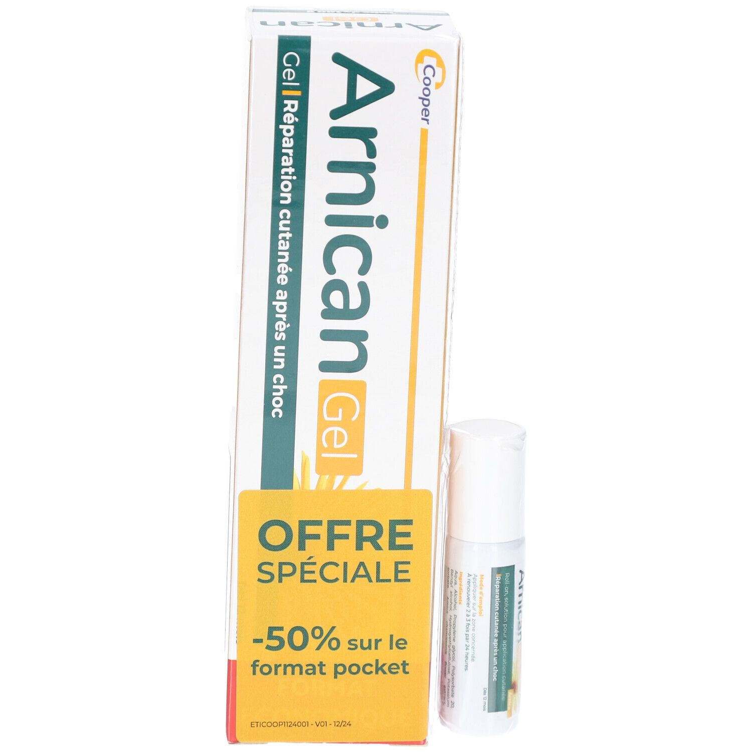 Boîte et flacon. La boîte indique "Arnican Gel". Le flacon indique "Arnican".