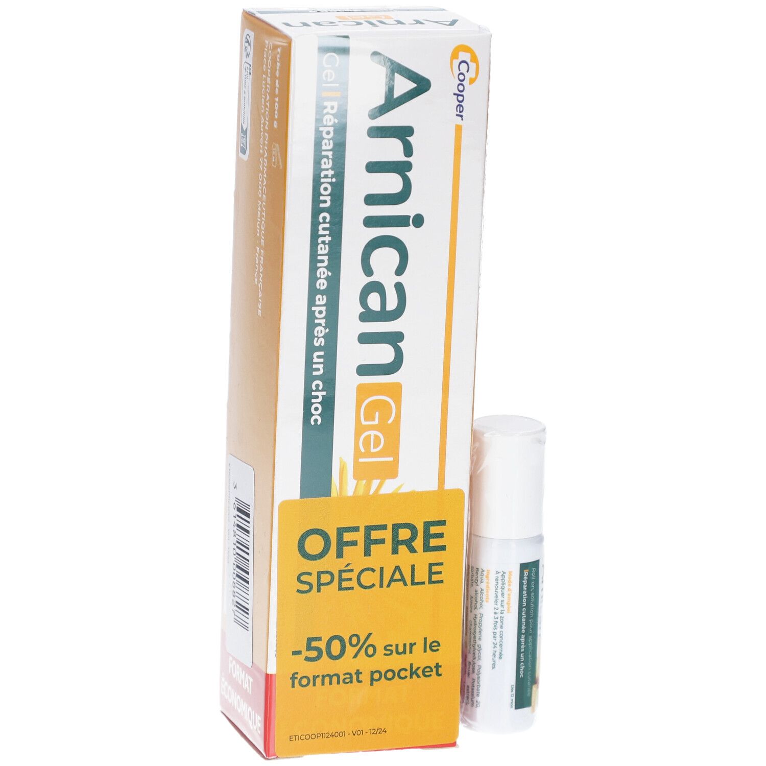 Boîte et flacon. La boîte indique "Arnican Gel". Le flacon indique "Arnican".