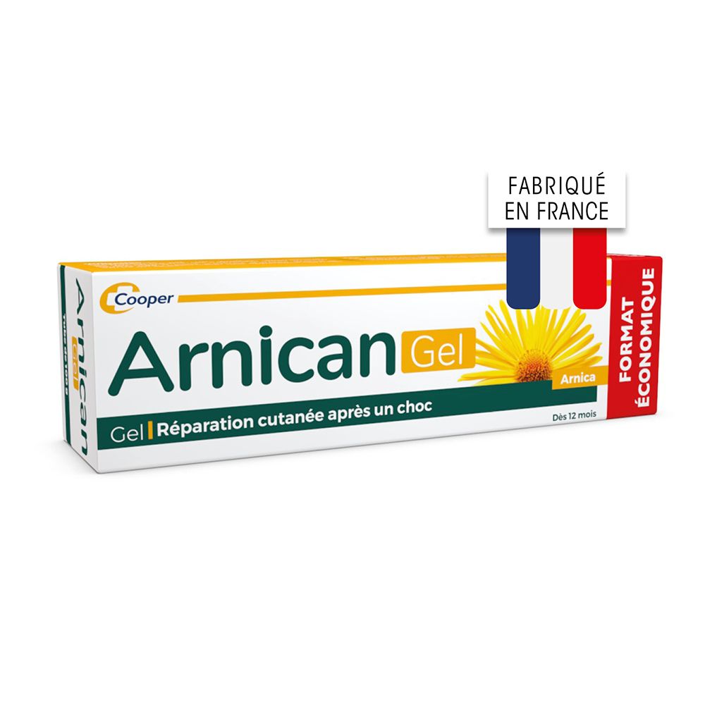 Emballage d'Arnica Gel. Gel pour la réparation cutanée après un choc. Fabriqué en France. Format économique.