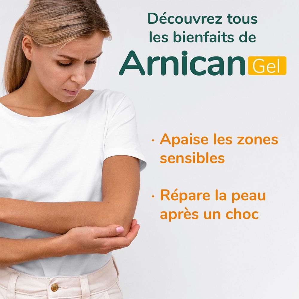 Femme avec bras. Texte : Arnican Gel. Apaise les zones sensibles. Répare la peau après un choc.