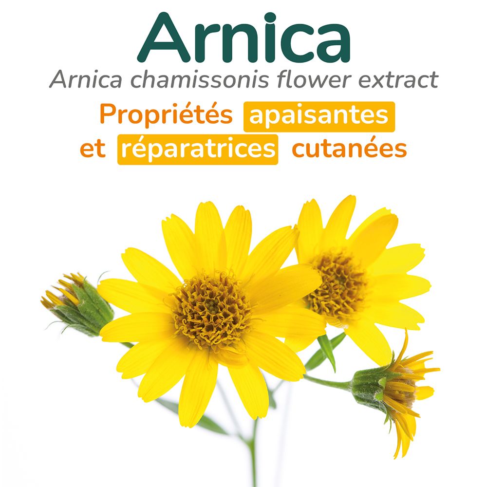 Fleurs jaunes d'arnica. Texte : Arnica chamissonis flower extract. Propriétés apaisantes et réparatrices cutanées.