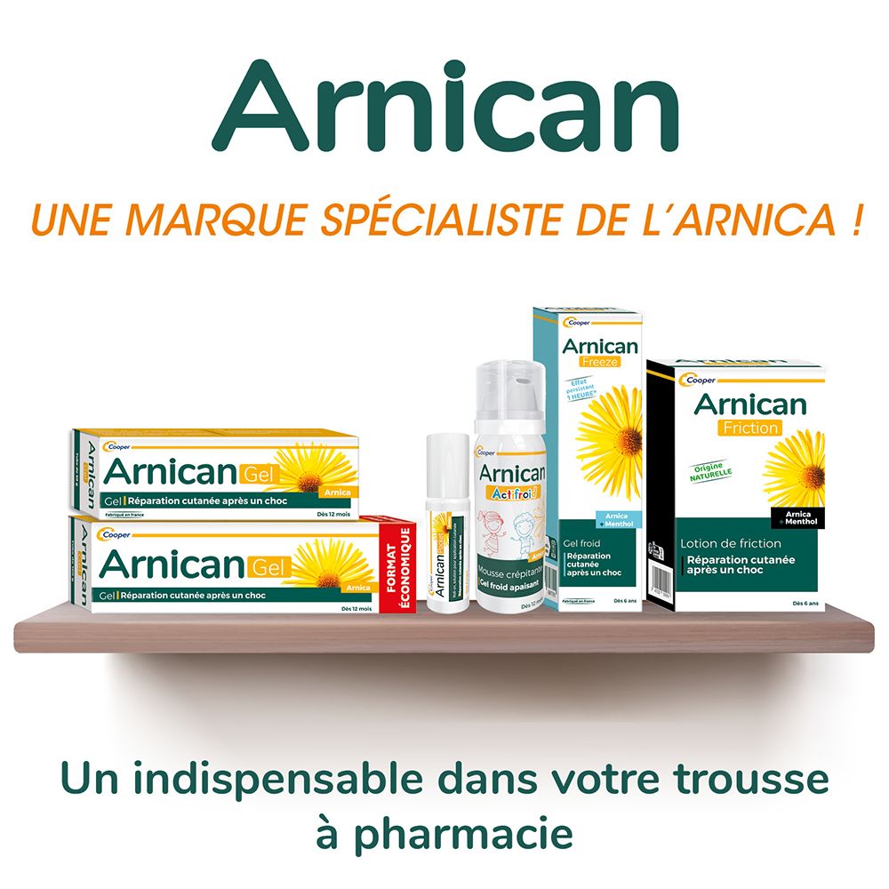 Étagère avec divers produits Arnican. Texte : Une marque spécialiste de l'arnica ! Un indispensable dans votre trousse à pharmacie.