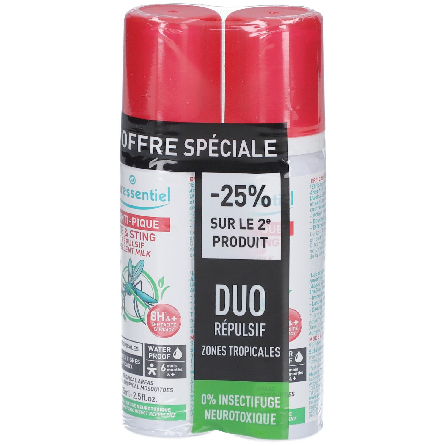 Pack de deux sprays. Bouchons rouges, flacons blancs. Texte : 'OFFRE SPÉCIALE', 'DUO RÉPULSIF'.