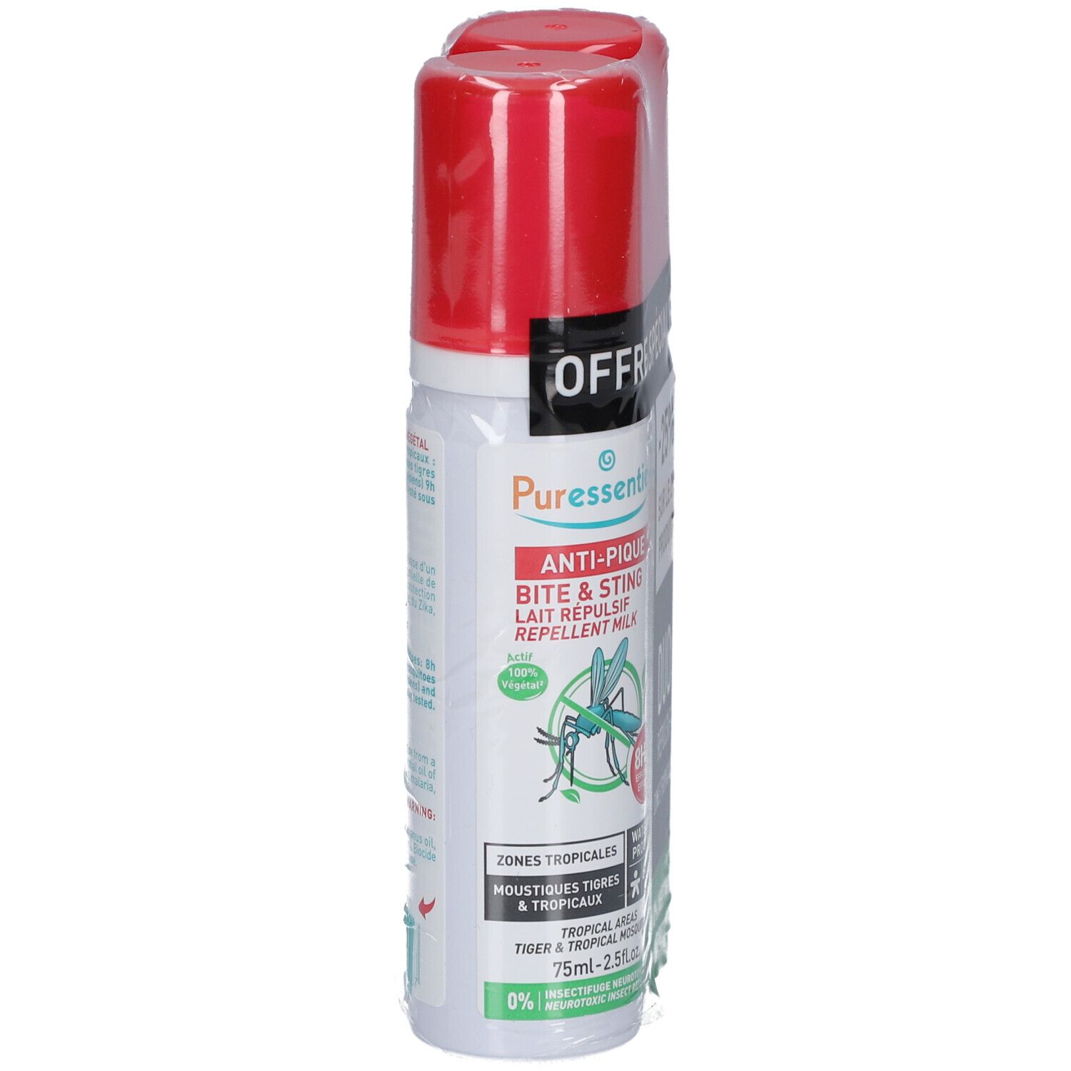 Spray unique avec bouchon rouge et flacon blanc. Texte : 'ANTI-PIQUE', 'LAIT REPULSIF'.