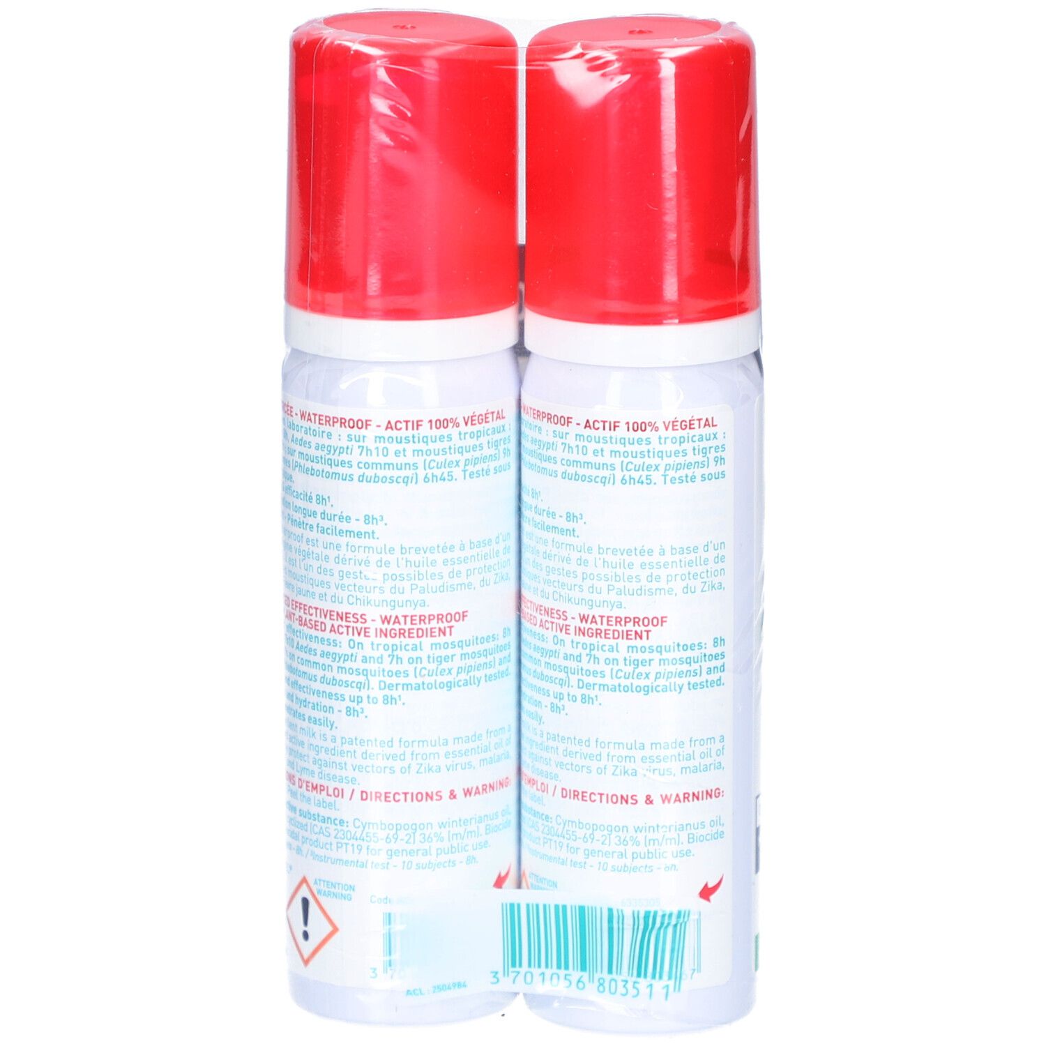 Dos de la double-pack. Texte et informations en français. Deux sprays.