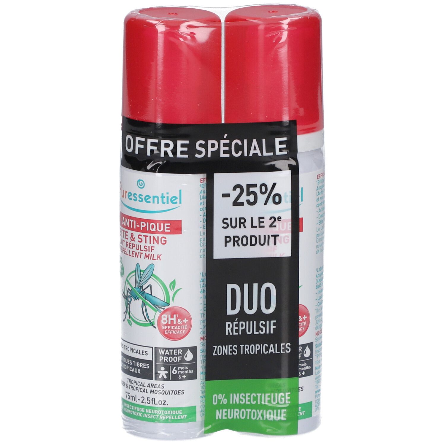 Pack de deux sprays. Bouchons rouges, flacons blancs. Texte : 'OFFRE SPÉCIALE', 'DUO RÉPULSIF'.