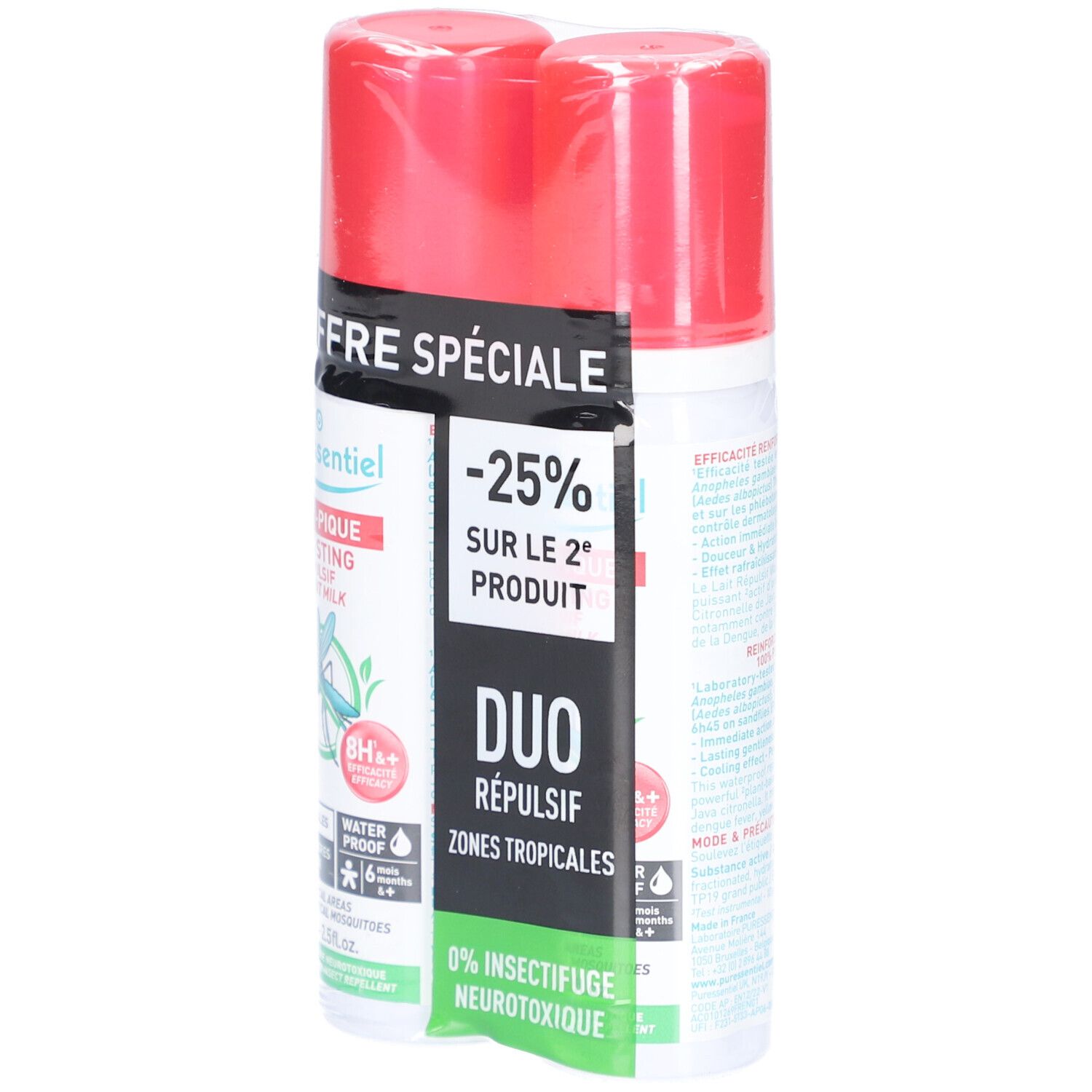 Pack de deux sprays. Bouchons rouges, flacons blancs. Texte : 'OFFRE SPÉCIALE', 'DUO RÉPULSIF'.