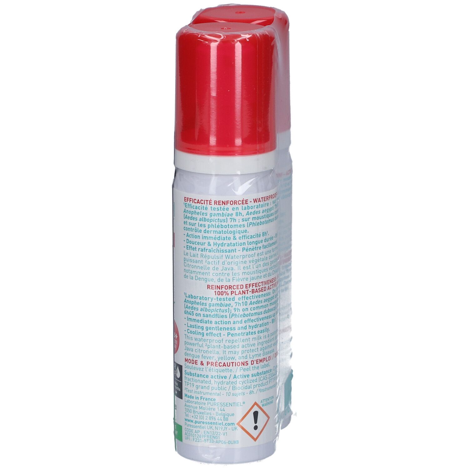 Dos de la double-pack. Texte et informations en français. Deux sprays.