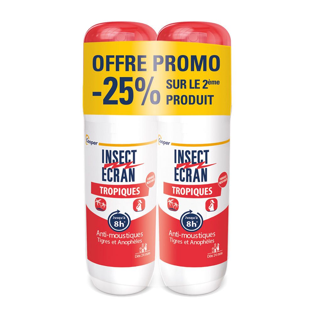 Deux sprays. Étiquette jaune et rouge avec texte. INSECT ECRAN Tropiques. -25% de réduction sur le 2ème produit.
