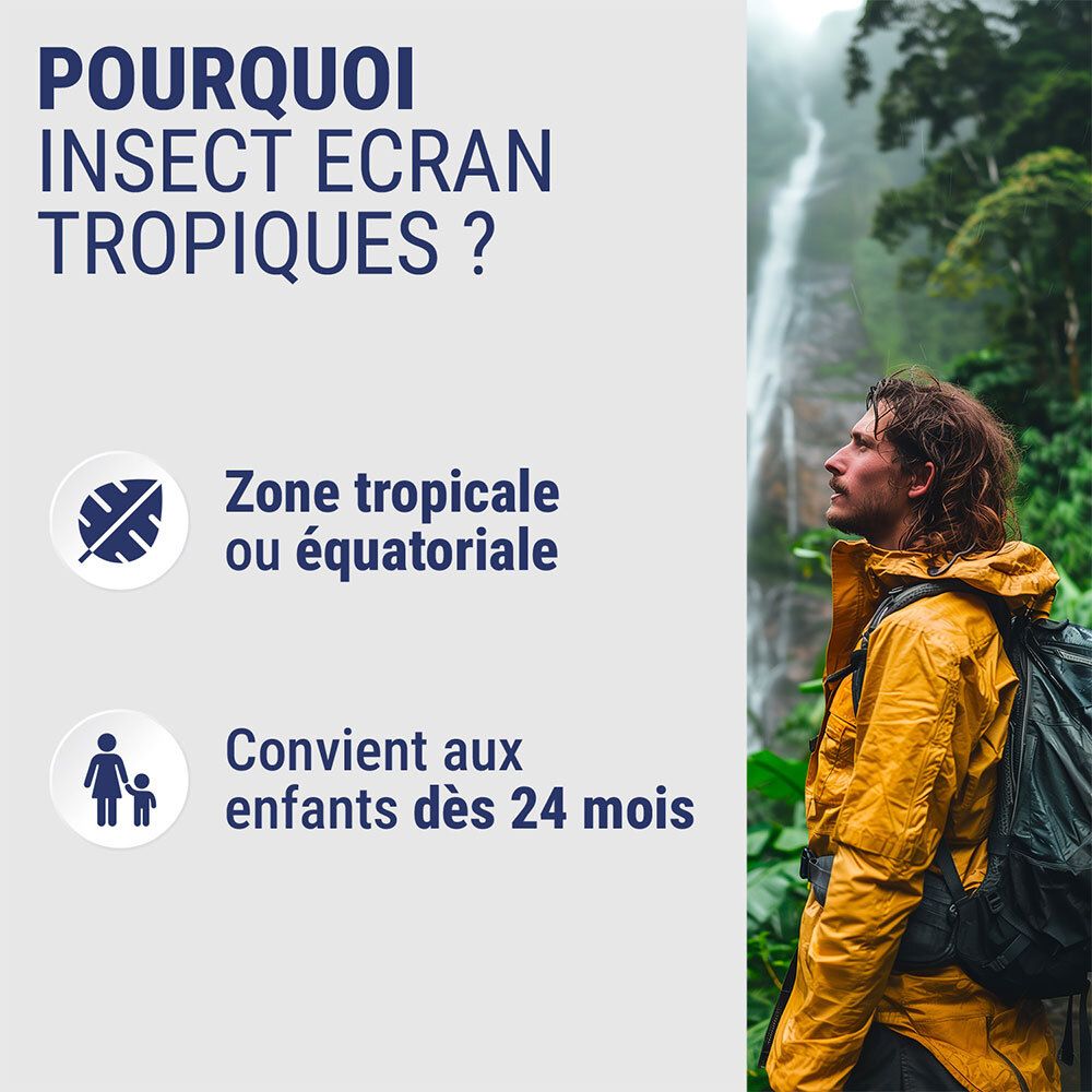 Homme en veste jaune devant cascade. Texte : Pourquoi INSECT ECRAN Tropiques ? Zone tropicale. Enfants dès 24 mois.