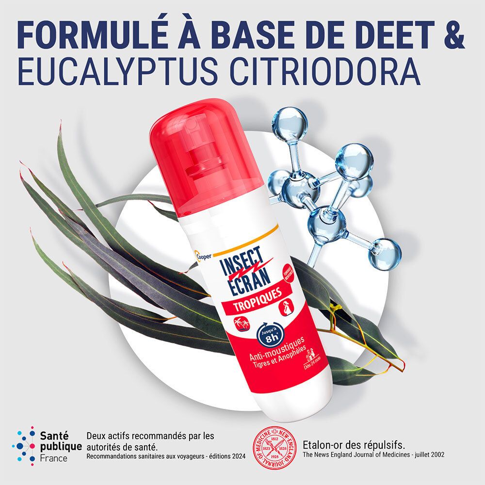Spray avec bouchon rouge. Texte : INSECT ECRAN Tropiques. Formulé avec DEET & Eucalyptus Citriodora. Labels santé.
