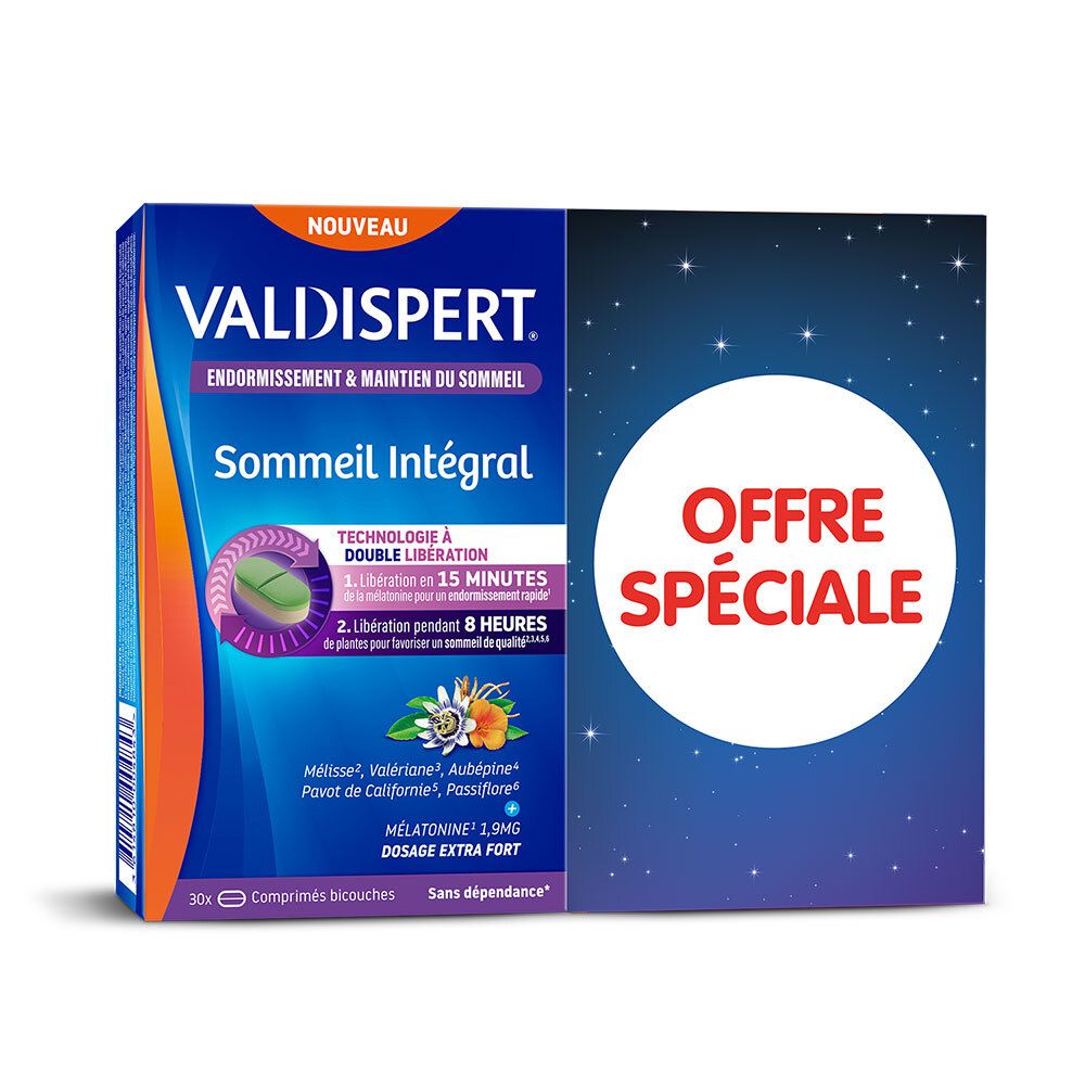 VALDISPERT Sommeil Intégral+ boîte de 30 comprimés, avec mention "Offre Spéciale".