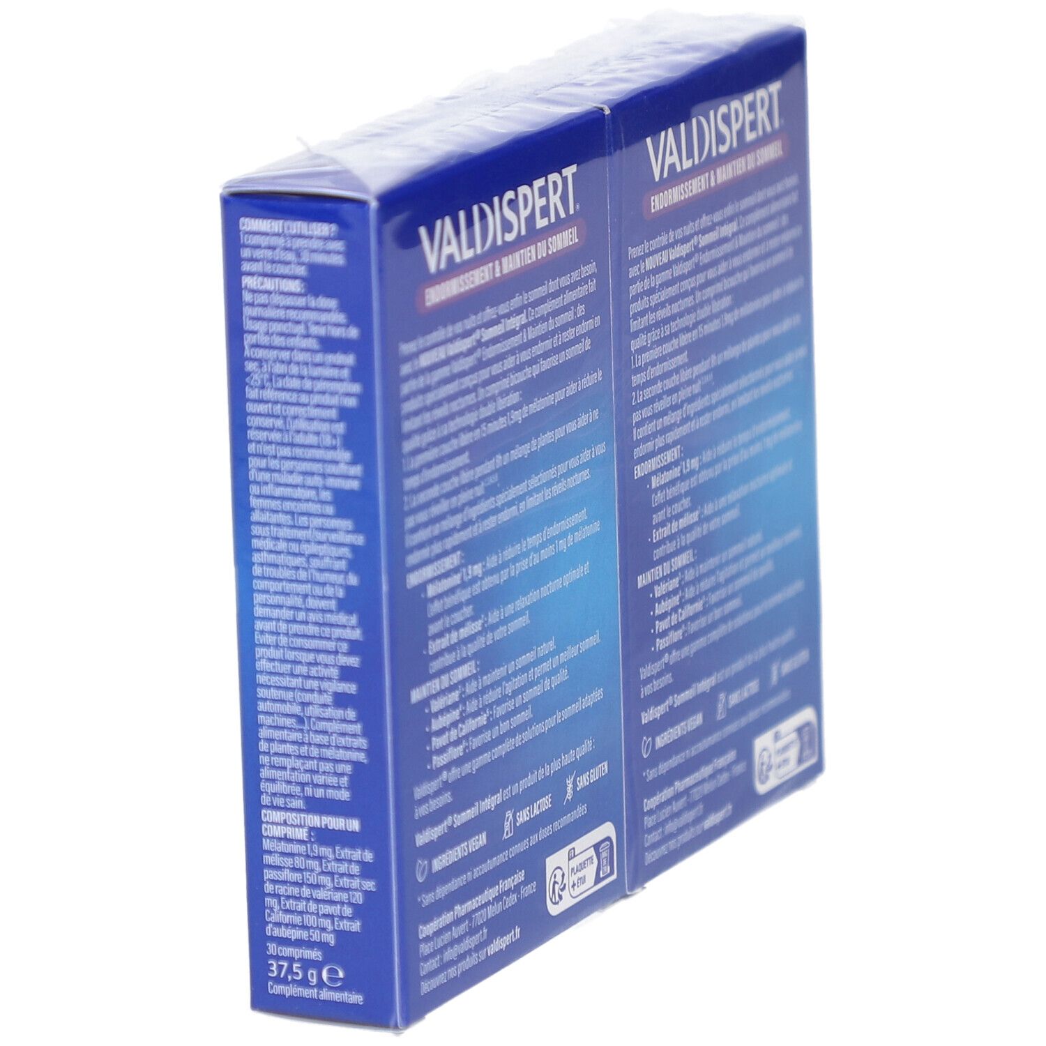 Deux boîtes VALDISPERT SOMMEIL INTEGR CPR 2X30. Vue latérale avec texte.
