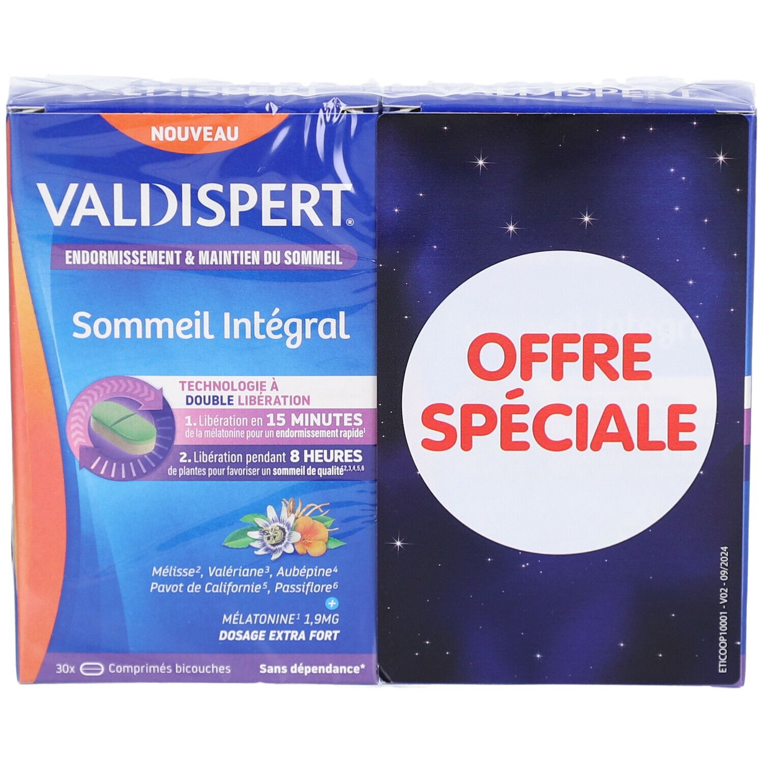 Boîte VALDISPERT SOMMEIL INTEGR CPR 2X30. Bleu, avec nom du produit, texte et "OFFRE SPÉCIALE".