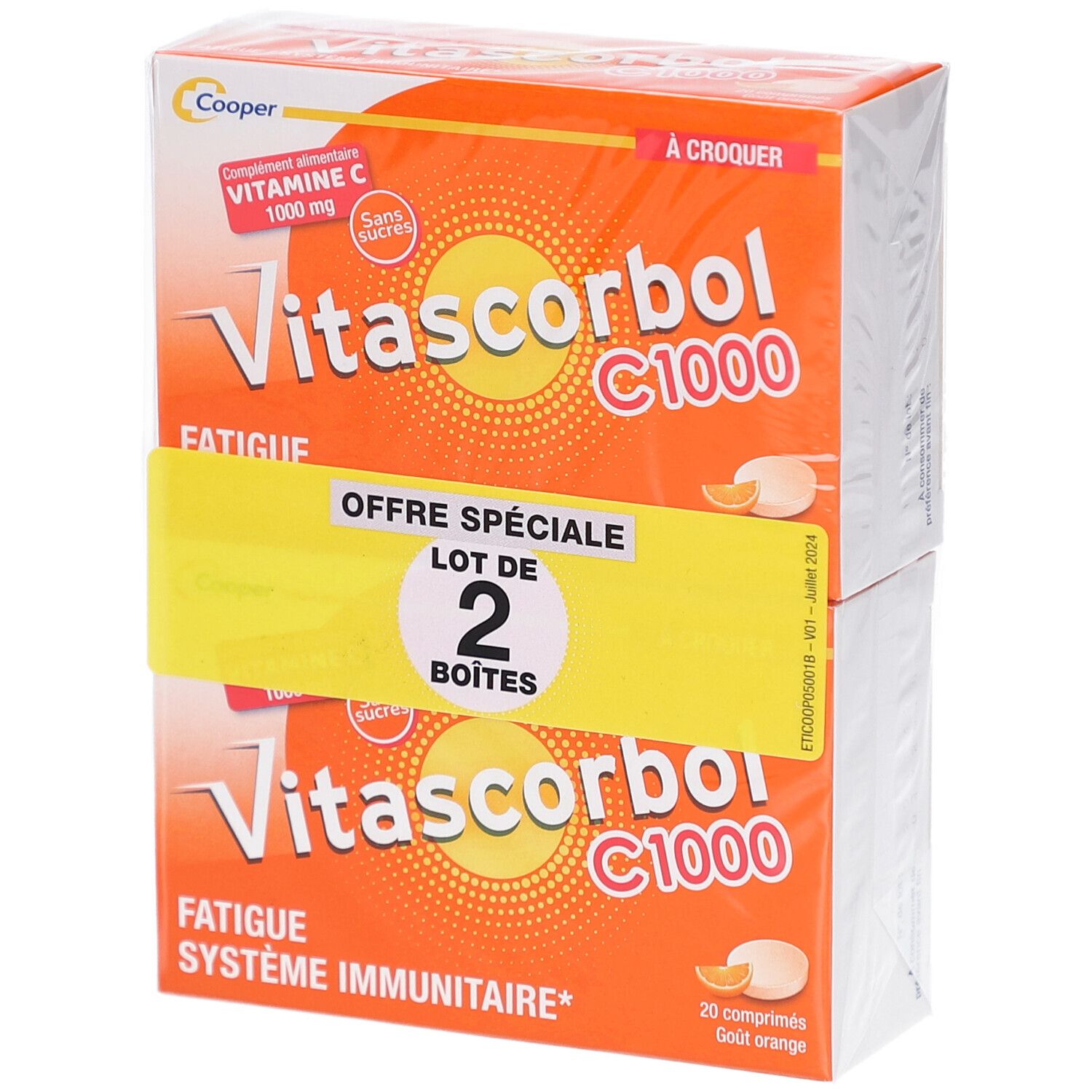 Deux boîtes de VITASCORBOL C 1000. Emballage orange avec nom du produit et indication vitamine C. Étiquette "Offre Spéciale".