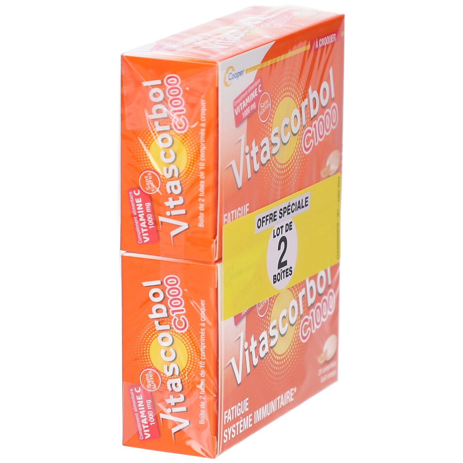 Deux boîtes de VITASCORBOL C 1000, vue latérale. Emballage orange avec nom du produit et indication vitamine C. Étiquette "Offre Spéciale".