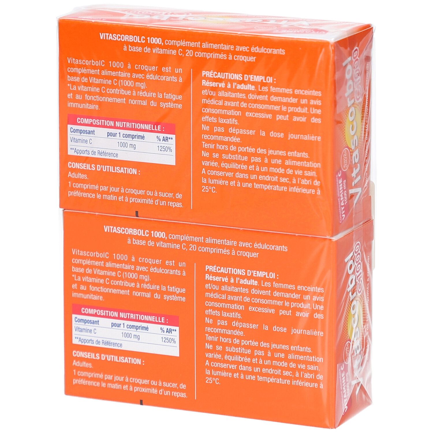 Dos de deux boîtes VITASCORBOL C 1000. Emballage orange avec informations textuelles. Ingrédients et conseils d'utilisation.
