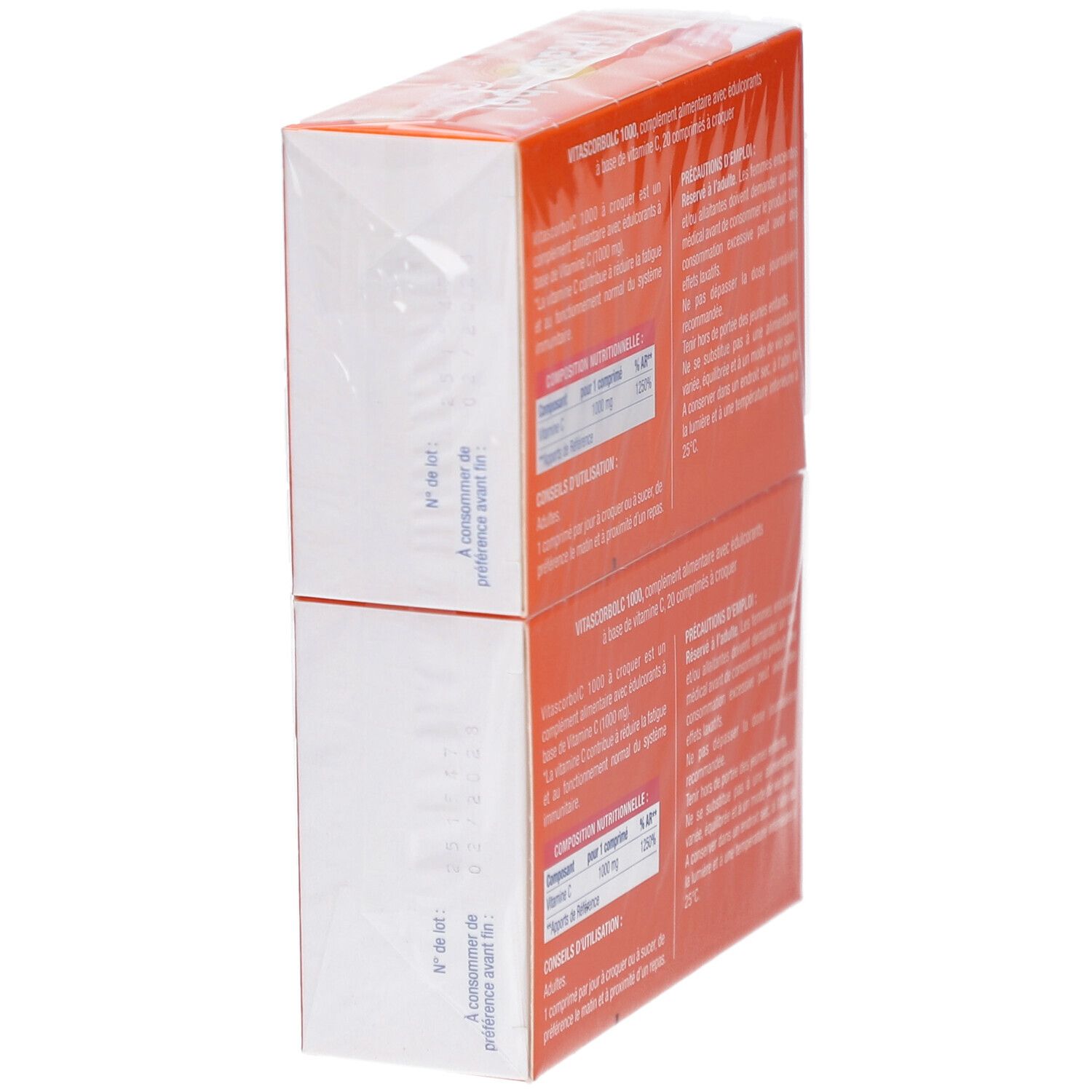 Dos de deux boîtes VITASCORBOL C 1000, partiellement emballées. Emballage orange avec informations textuelles.