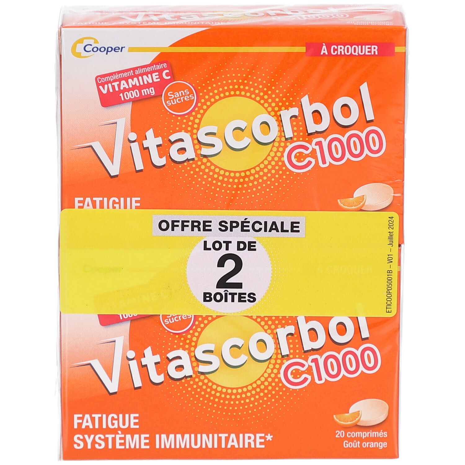 Deux boîtes de VITASCORBOL C 1000. Emballage orange avec nom du produit et indication vitamine C. Étiquette "Offre Spéciale".
