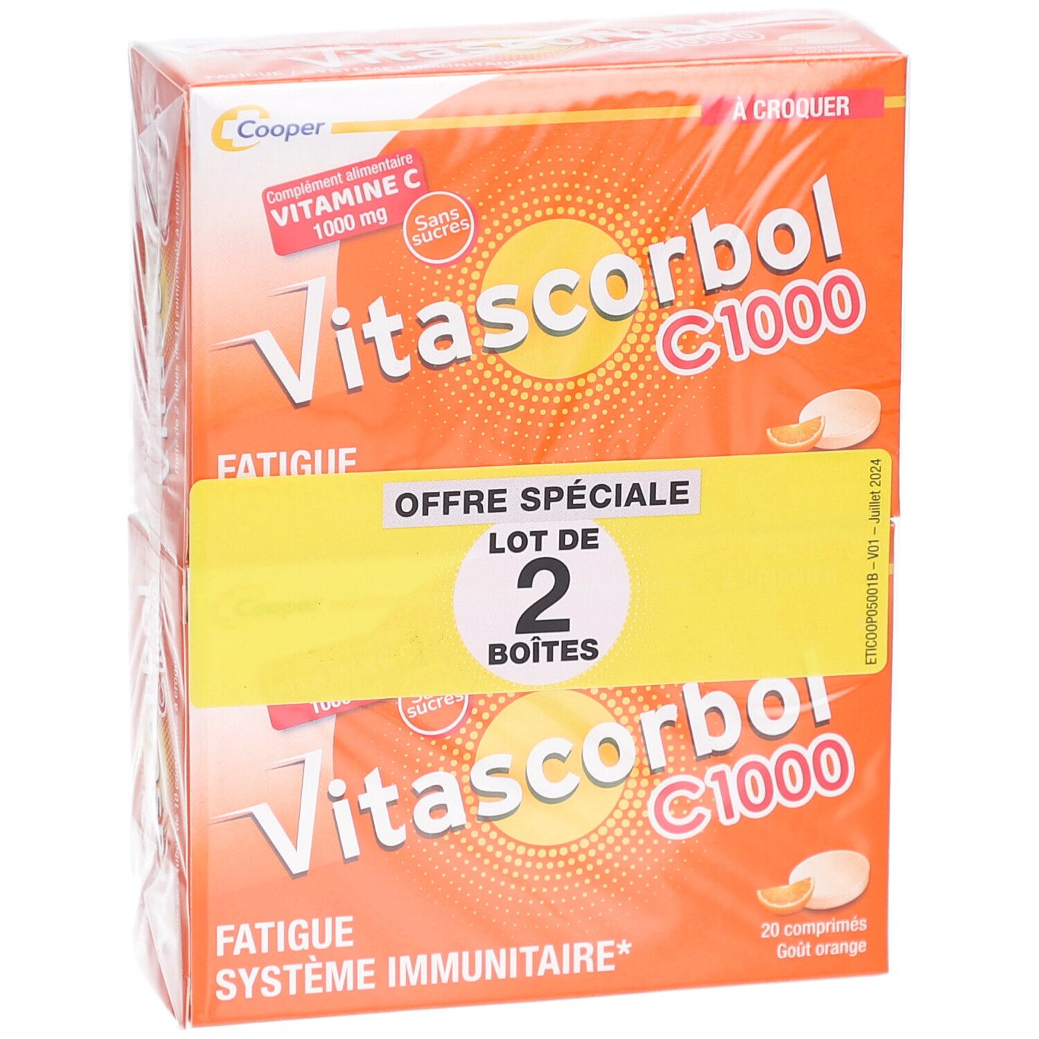 Deux boîtes de VITASCORBOL C 1000. Emballage orange avec nom du produit et indication vitamine C. Étiquette "Offre Spéciale".