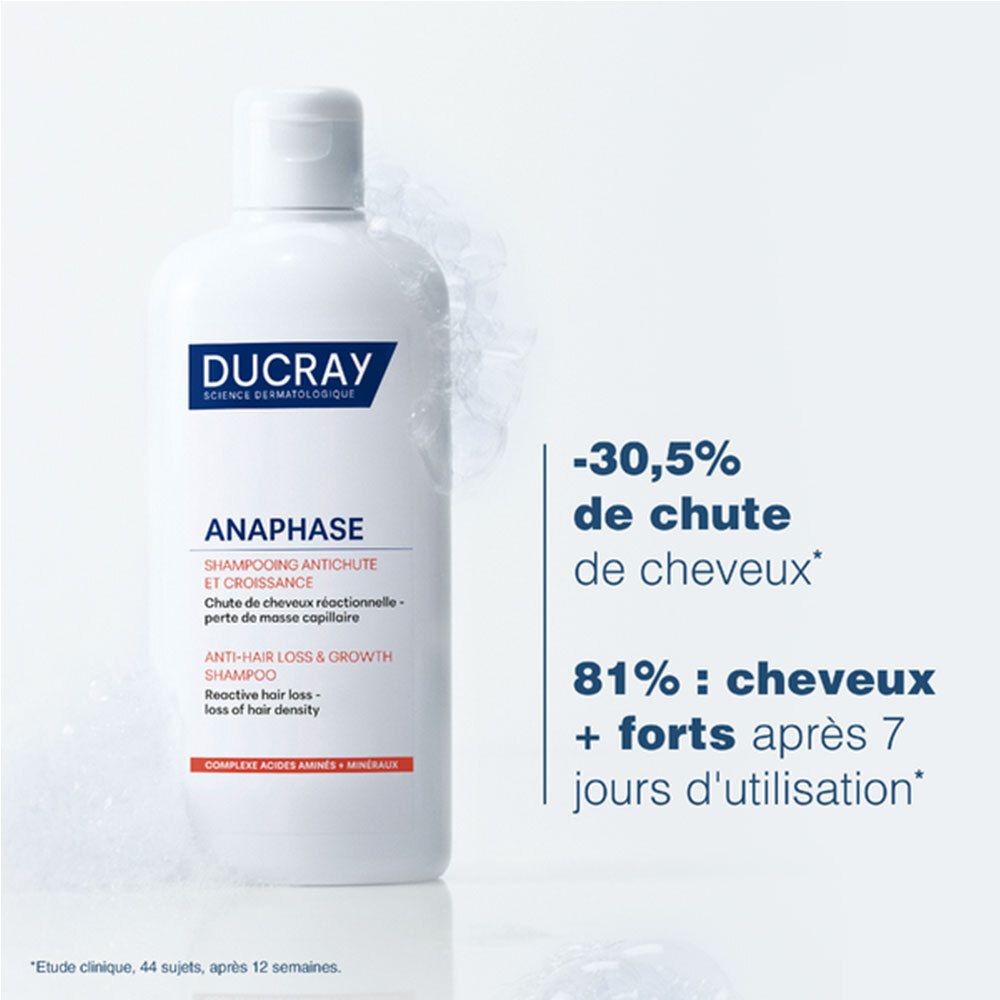 Flacon de produit à côté du texte. Texte: -30,5% de chute de cheveux, 81% cheveux + forts après 7 jours. Étude.