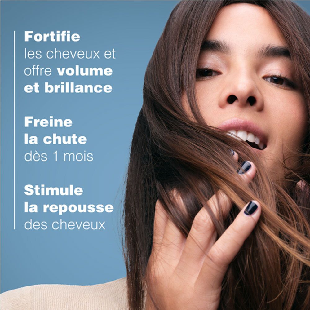 Femme aux cheveux bruns. Texte: Fortifie les cheveux, donne volume et brillance. Freine la chute dès 1 mois. Stimule la repousse.