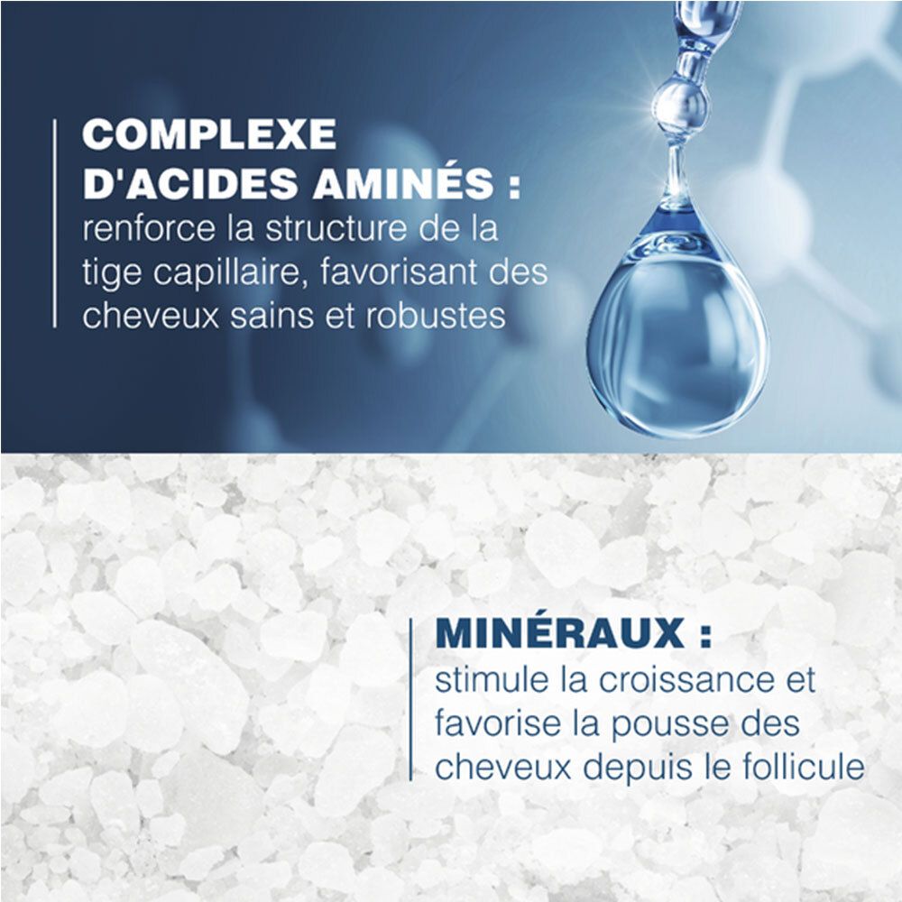 Goutte d'eau. Texte: Complexe d'acides aminés: renforce la structure capillaire. Minéraux: stimulent la croissance.