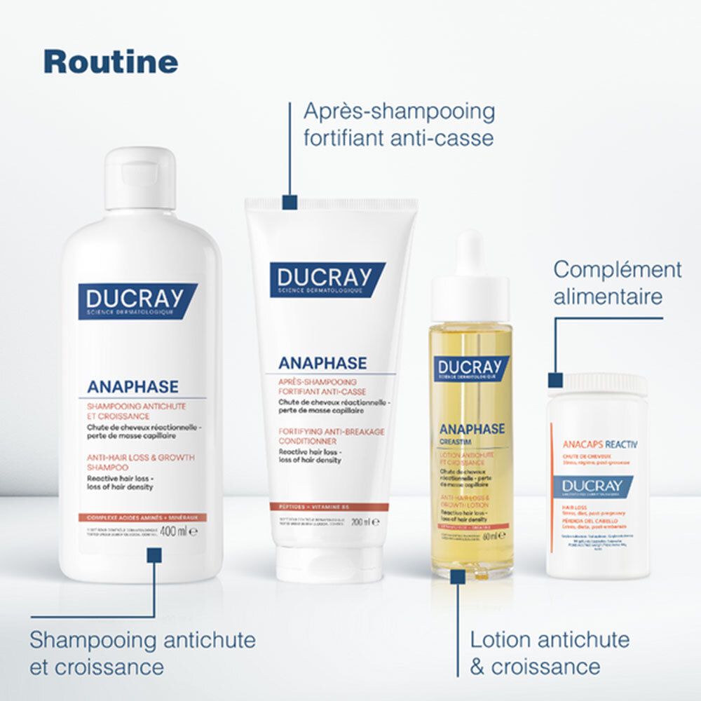Gamme de produits : shampooing, après-shampooing, lotion, complément alimentaire. Inscription : DUCRAY, ANAPHASE.
