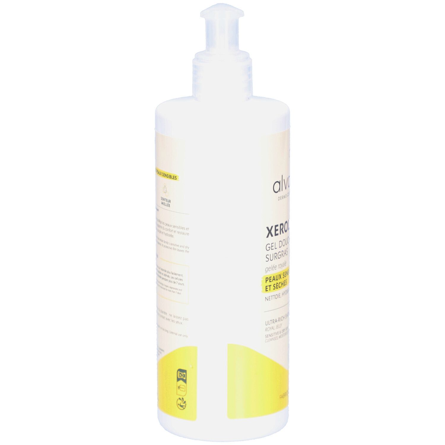 Dos du flacon blanc. Texte et logos sur fond crème. Accent jaune en bas.