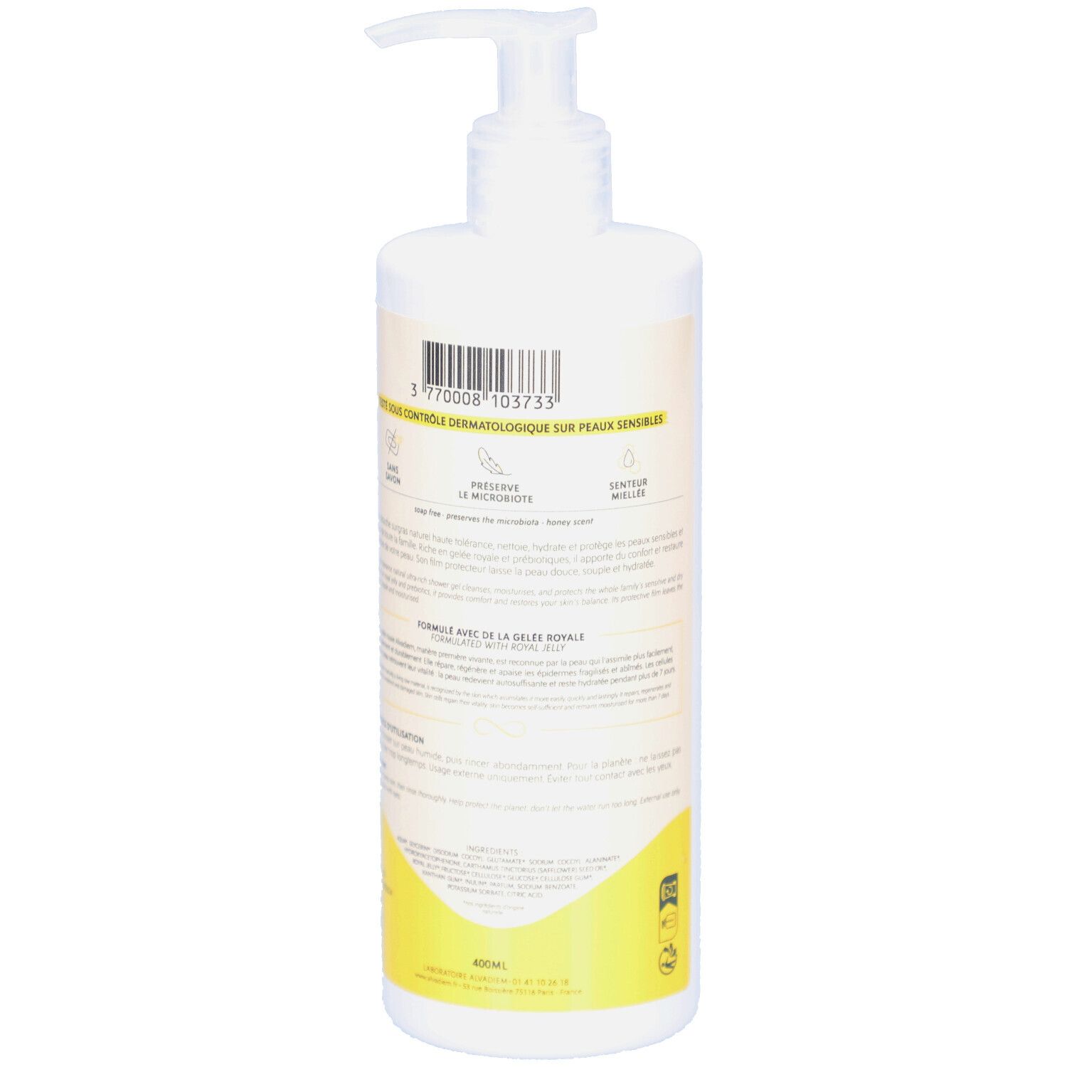 Dos du flacon. Texte sur fond crème. Accent jaune. Code-barres et logos.