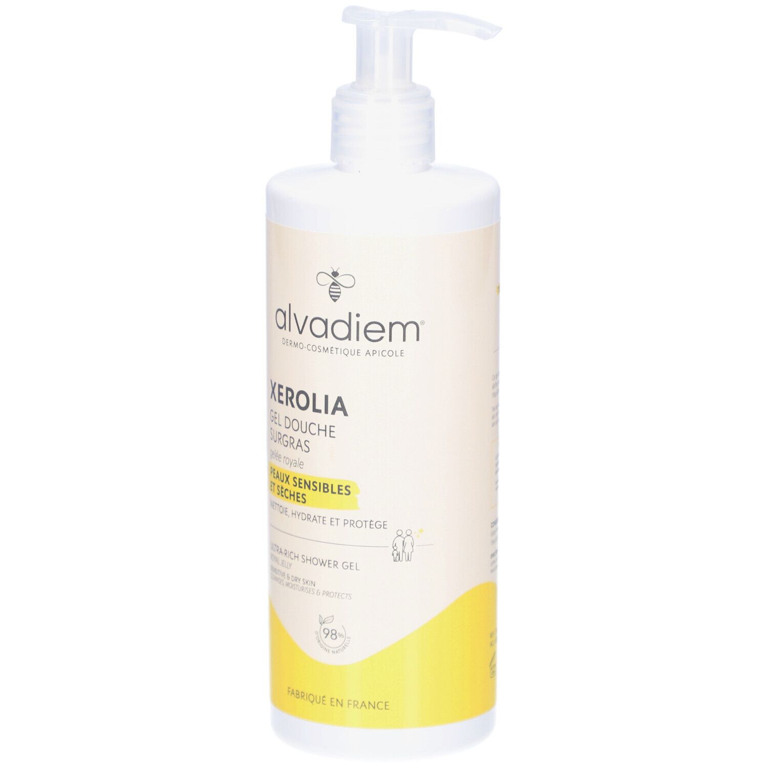 Flacon blanc avec pompe. Inscription: ALVADIEM Xerolia Gel Douche Surgras. Pour peaux sensibles et sèches.