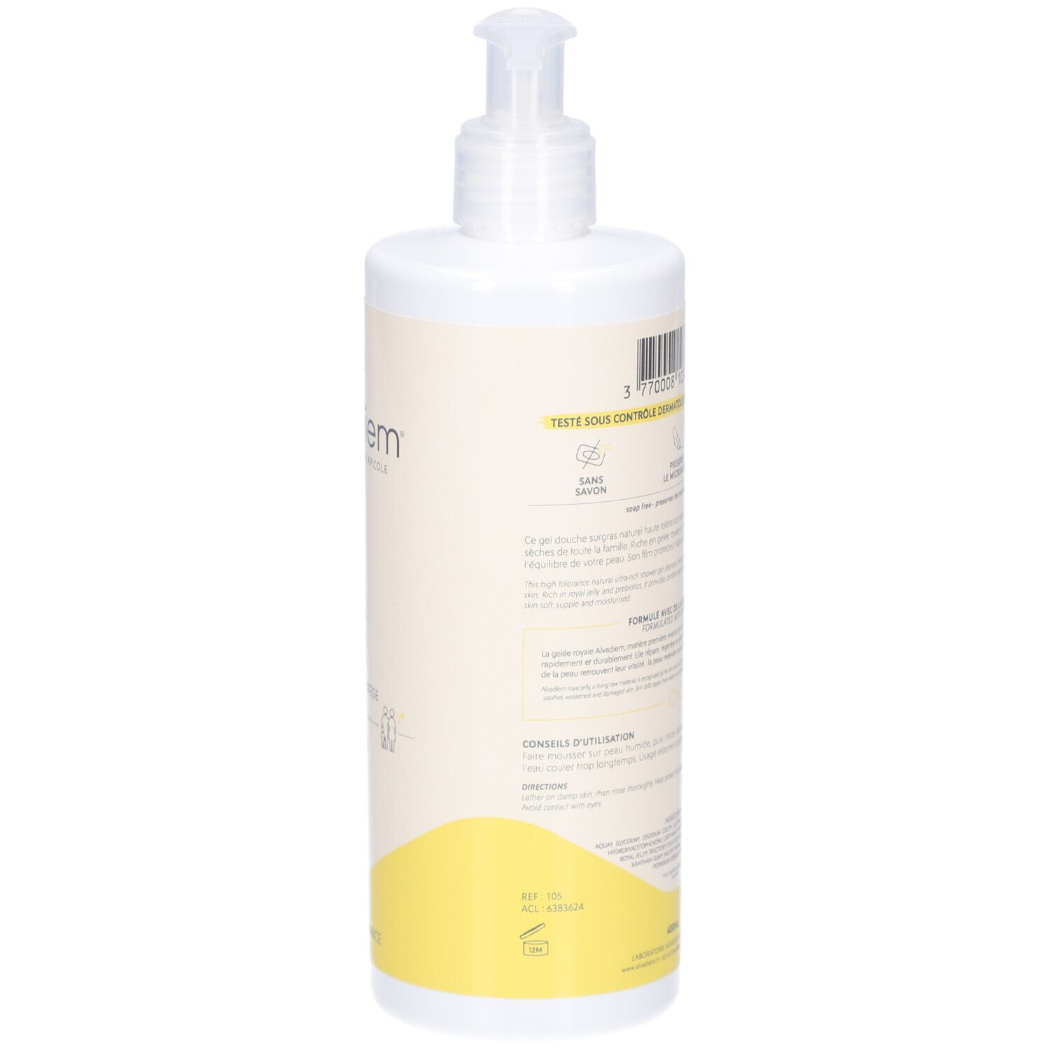 Dos du flacon blanc. Texte et logos sur fond crème. Accent jaune en bas.