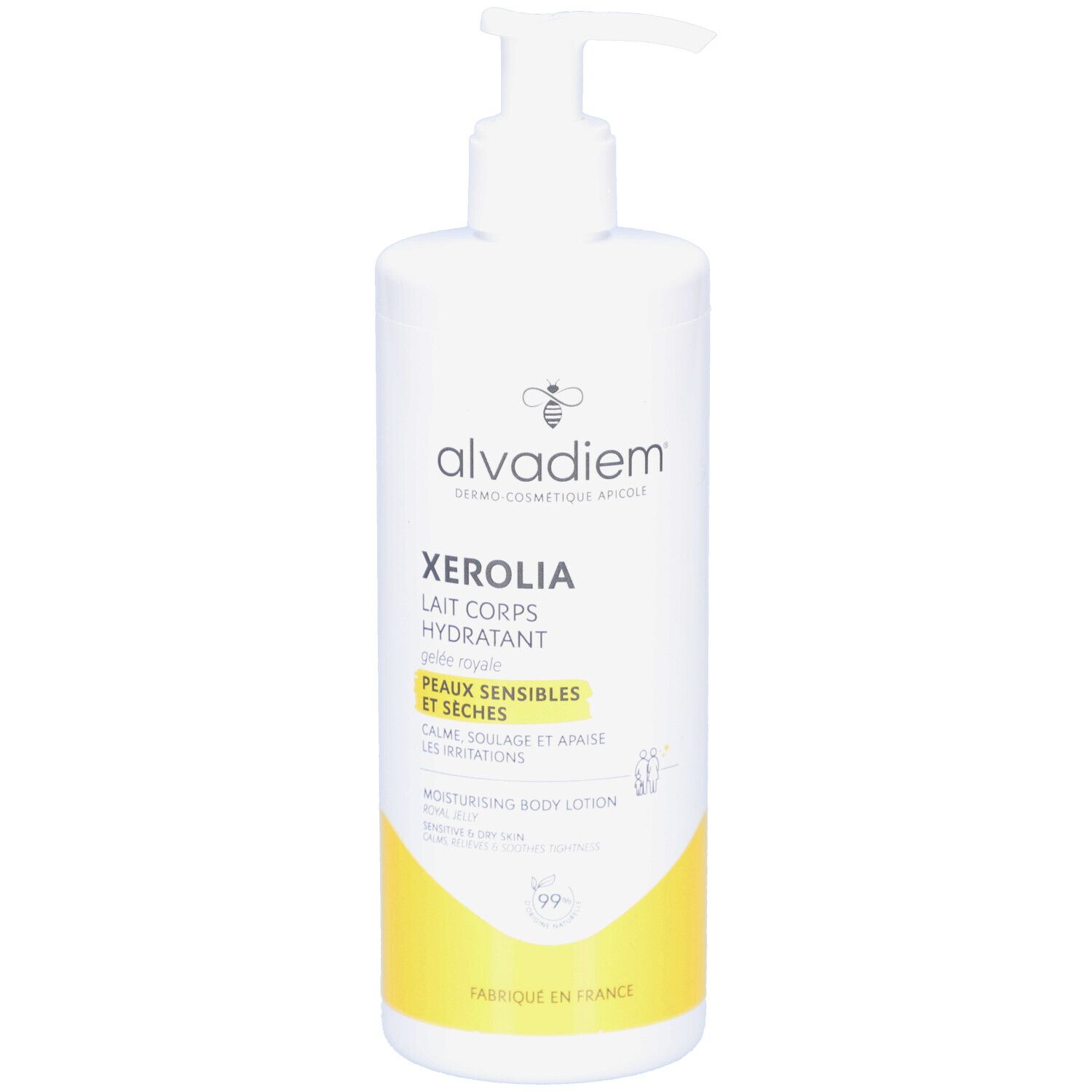 Flacon blanc avec pompe. Inscription: ALVADIEM Xerolia Lait Corps Hydratant. Pour peaux sensibles et sèches. Accents jaunes.