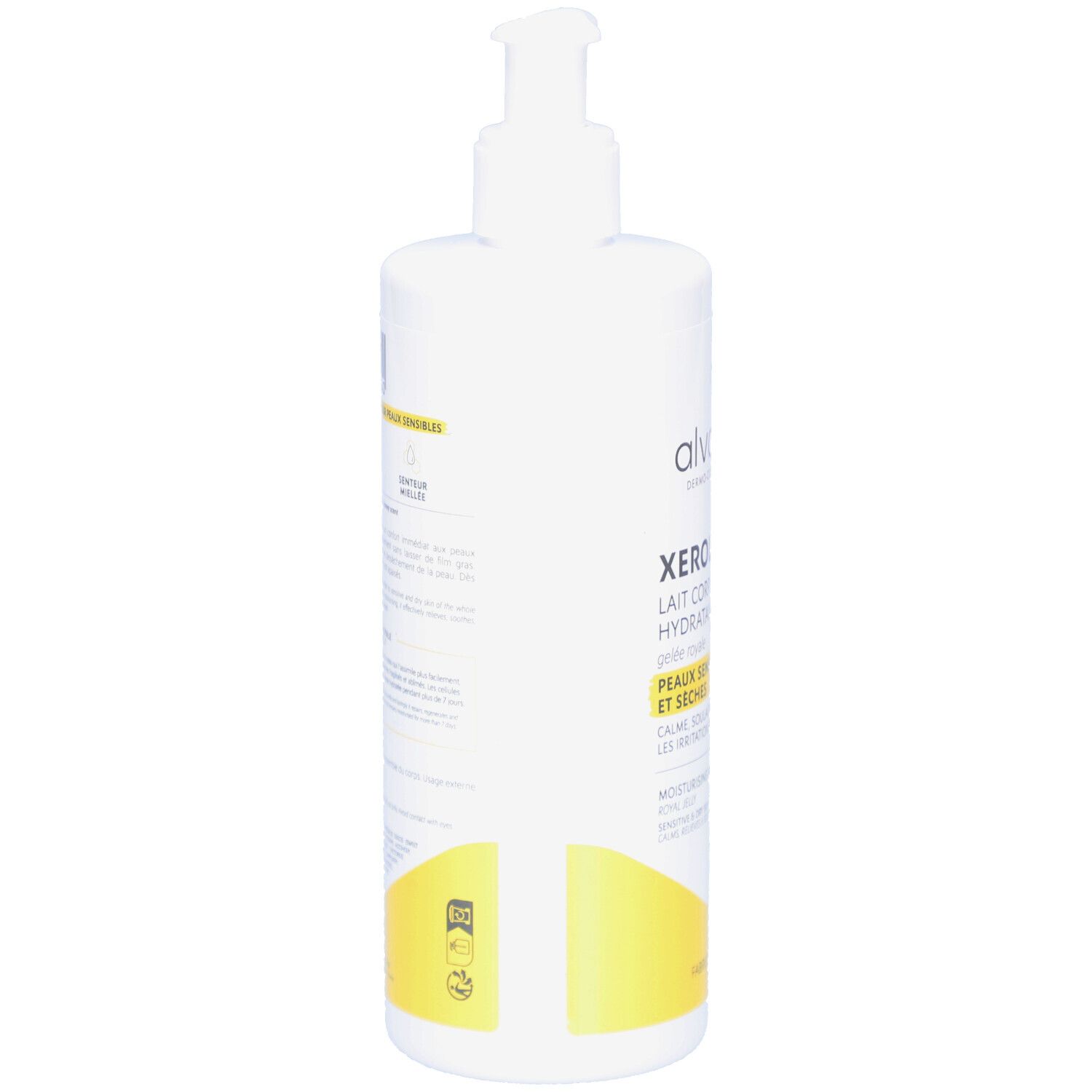 Dos du flacon blanc avec pompe. Texte et accents jaunes. Informations sur le produit.