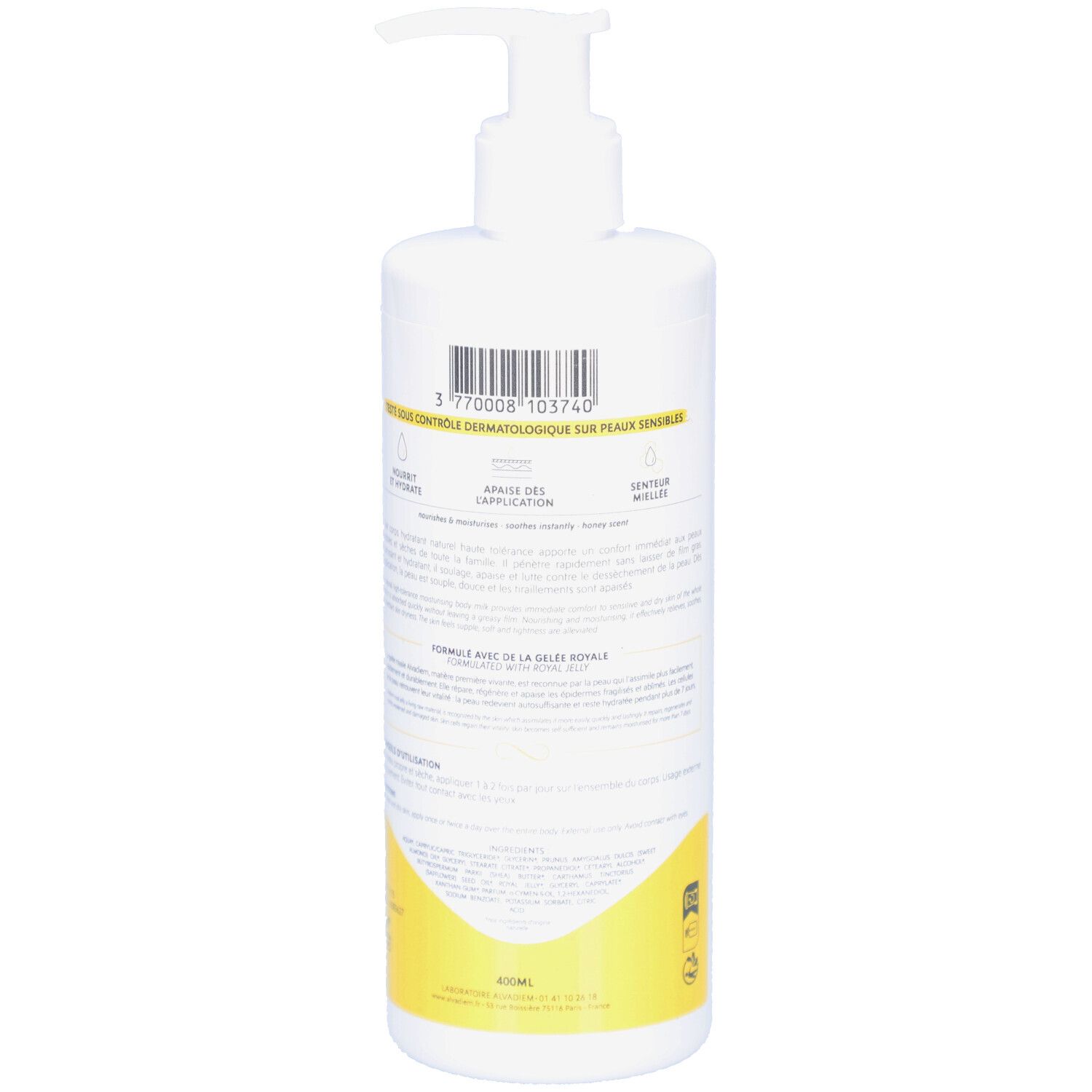 Dos du flacon blanc avec pompe. Texte, accents jaunes et code-barres. Informations sur le produit.