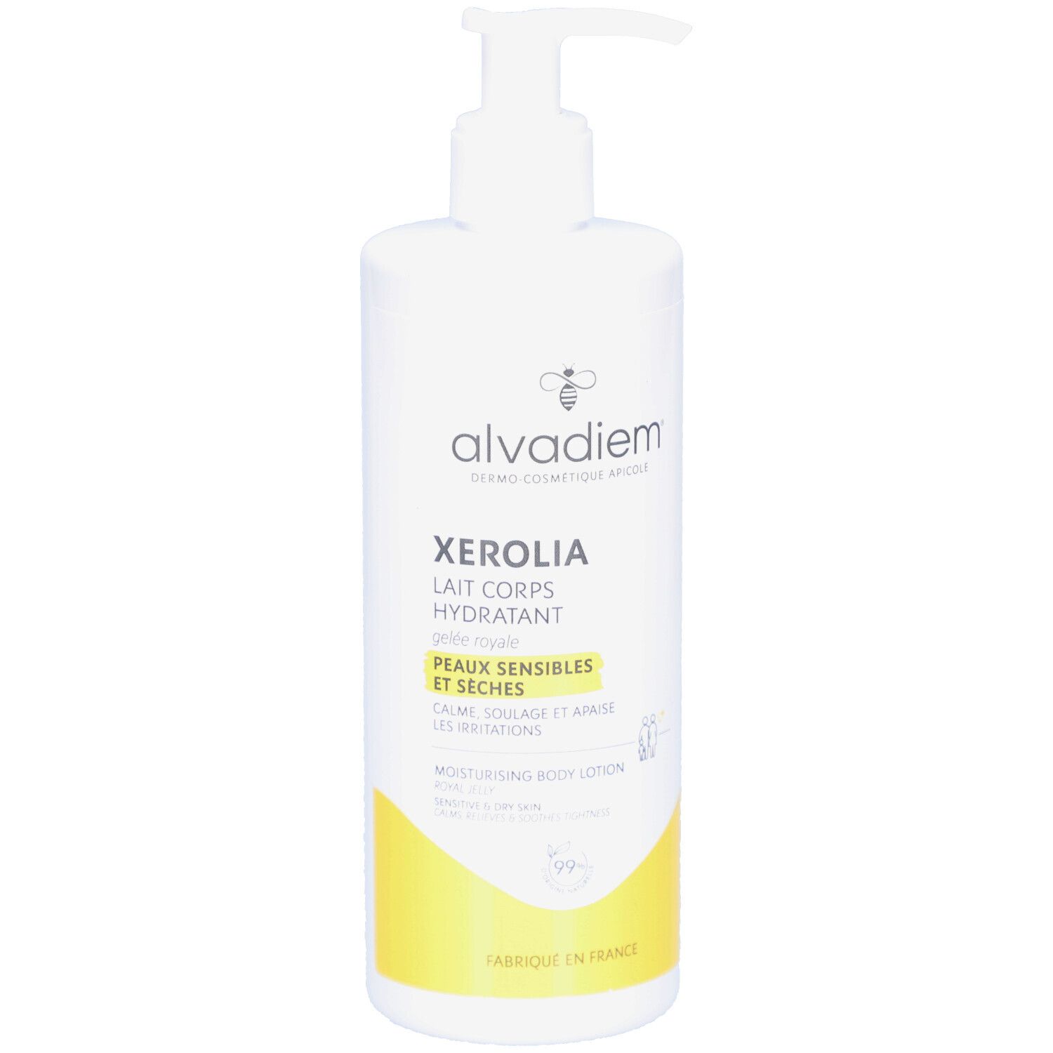Flacon blanc avec pompe. Inscription: ALVADIEM Xerolia Lait Corps Hydratant. Pour peaux sensibles et sèches. Accents jaunes.