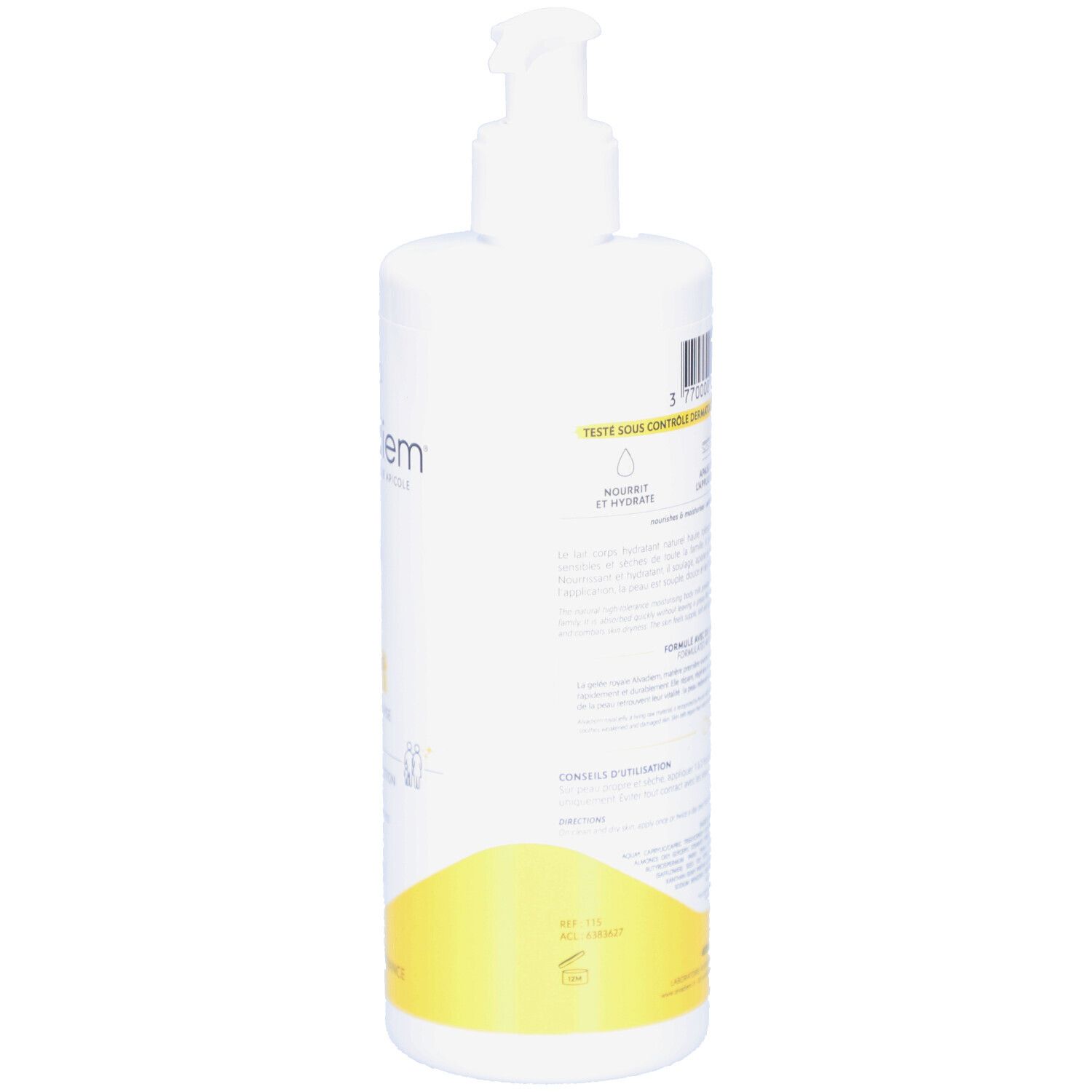 Dos du flacon blanc avec pompe. Texte et accents jaunes. Informations sur le produit.