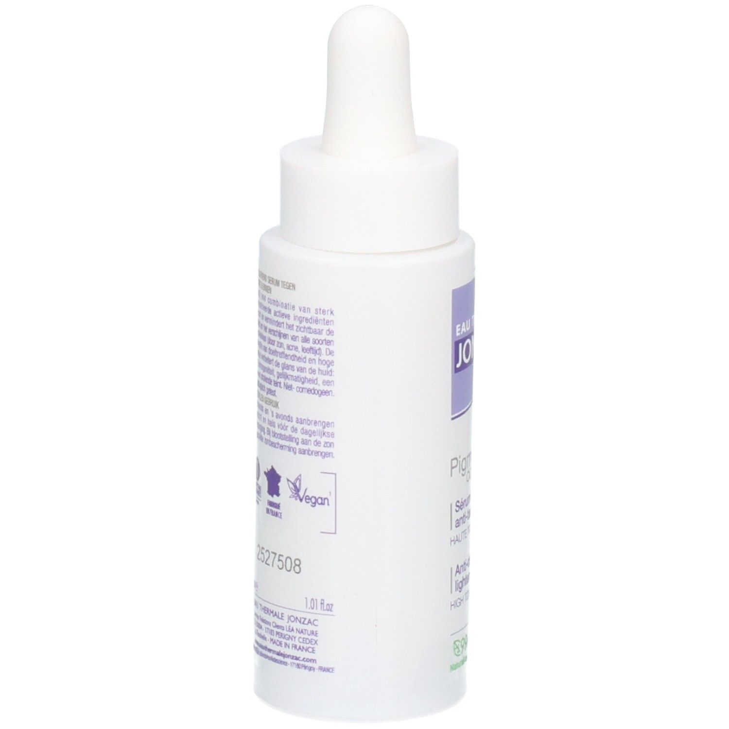 Flacon blanc avec pipette. Inscriptions: JONZAC, Pigment Control Serum. Logo vegan. Texte multilingue.